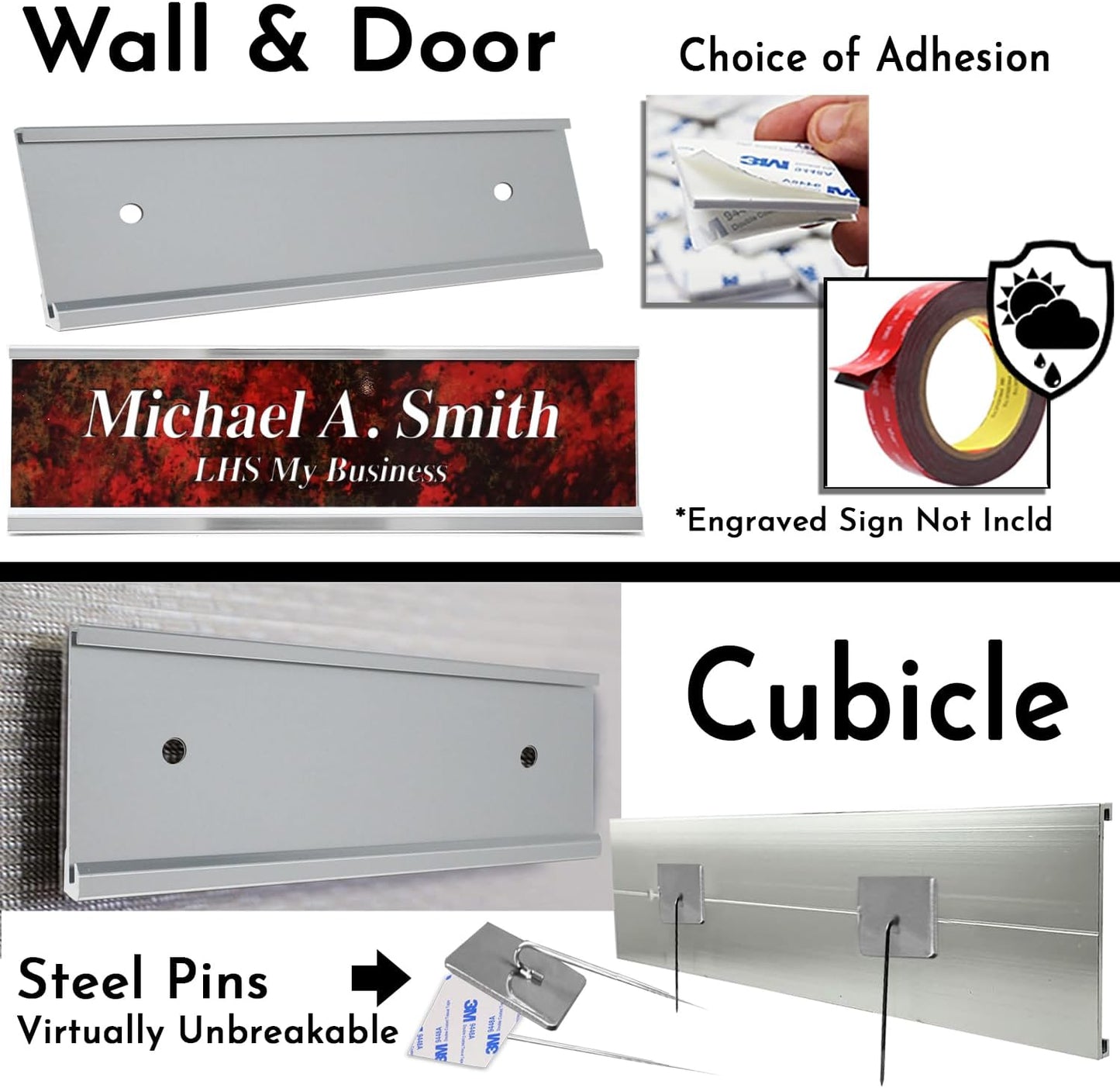 2x10 Executive Name Plate Holder, Silver Aluminum Adhesive Door Mount for Wall Plaques, Mailbox Signs and Cubicles | Made in USA