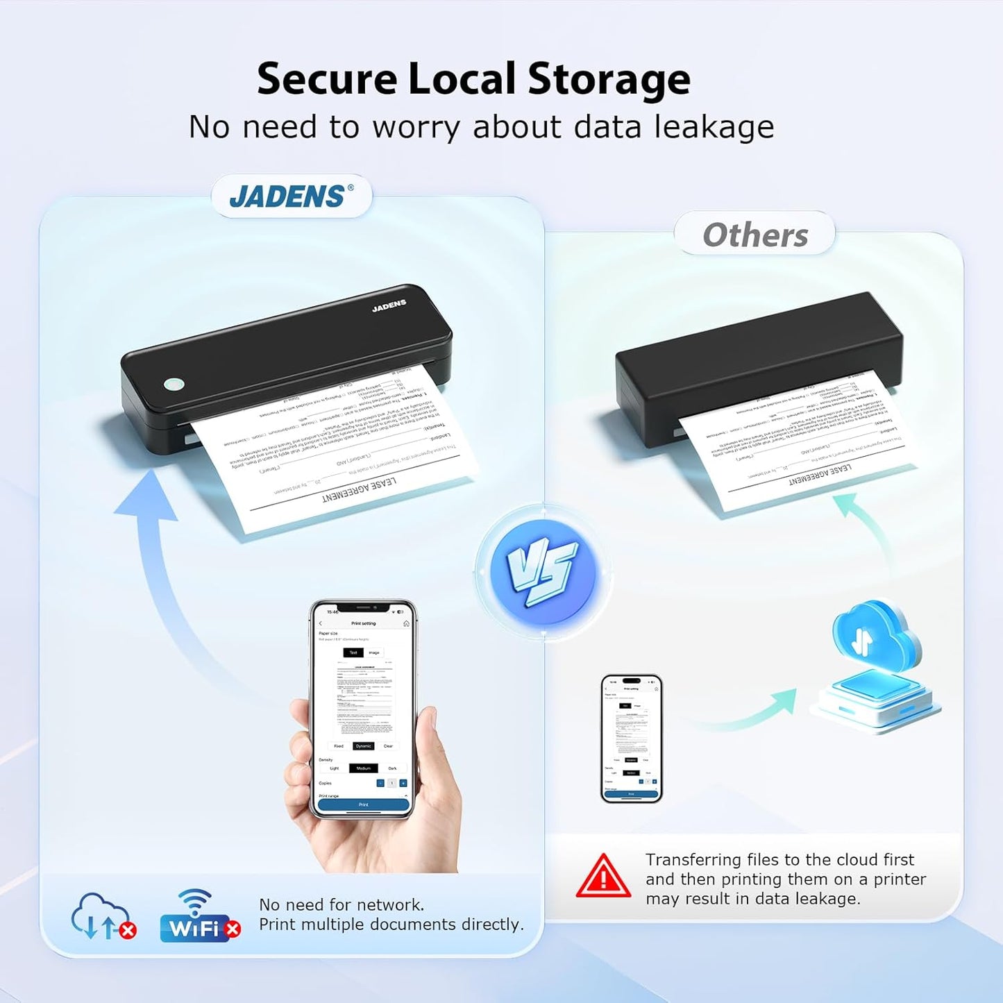 JADENS Bluetooth Thermal Printer, Support 8.5" X 11" US Letter, Portable Printers Wireless for Travel, Inkless Printer Compatible with iOS, Android, Mobile Printer for Home, Office, School