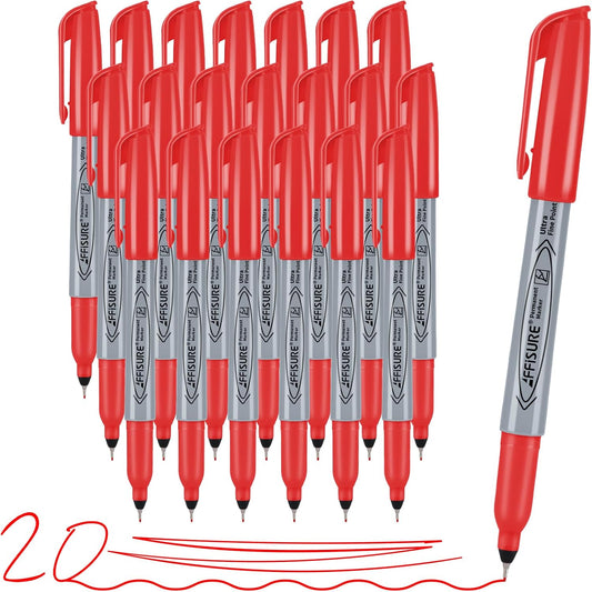 Red Ultra Fine Point Permanent Marker, 20 Pack, 0.4 mm, Precision Fine Tip for Detailed Writing, Art, Crafts & Labeling on Paper, Plastic, Glass, Metal, Waterproof, Fade-Resistant Ink