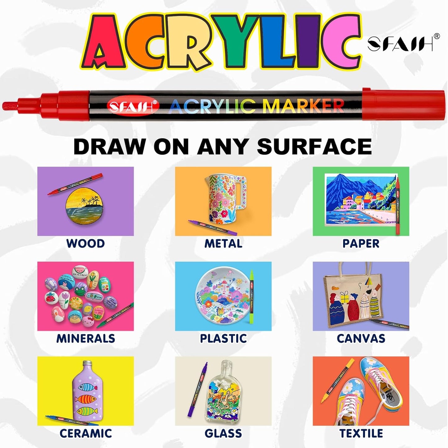 SFAIH 36 Vibrant Acrylic Paint Markers - [Ultra High Coverage]1-2mm Fine Tip Pen for Any Surface, Halloween Decorations, Pumpkin Painting, Paper Rock Fabric Wood, Non-Bleeding Permanent Ink, Non-Toxic