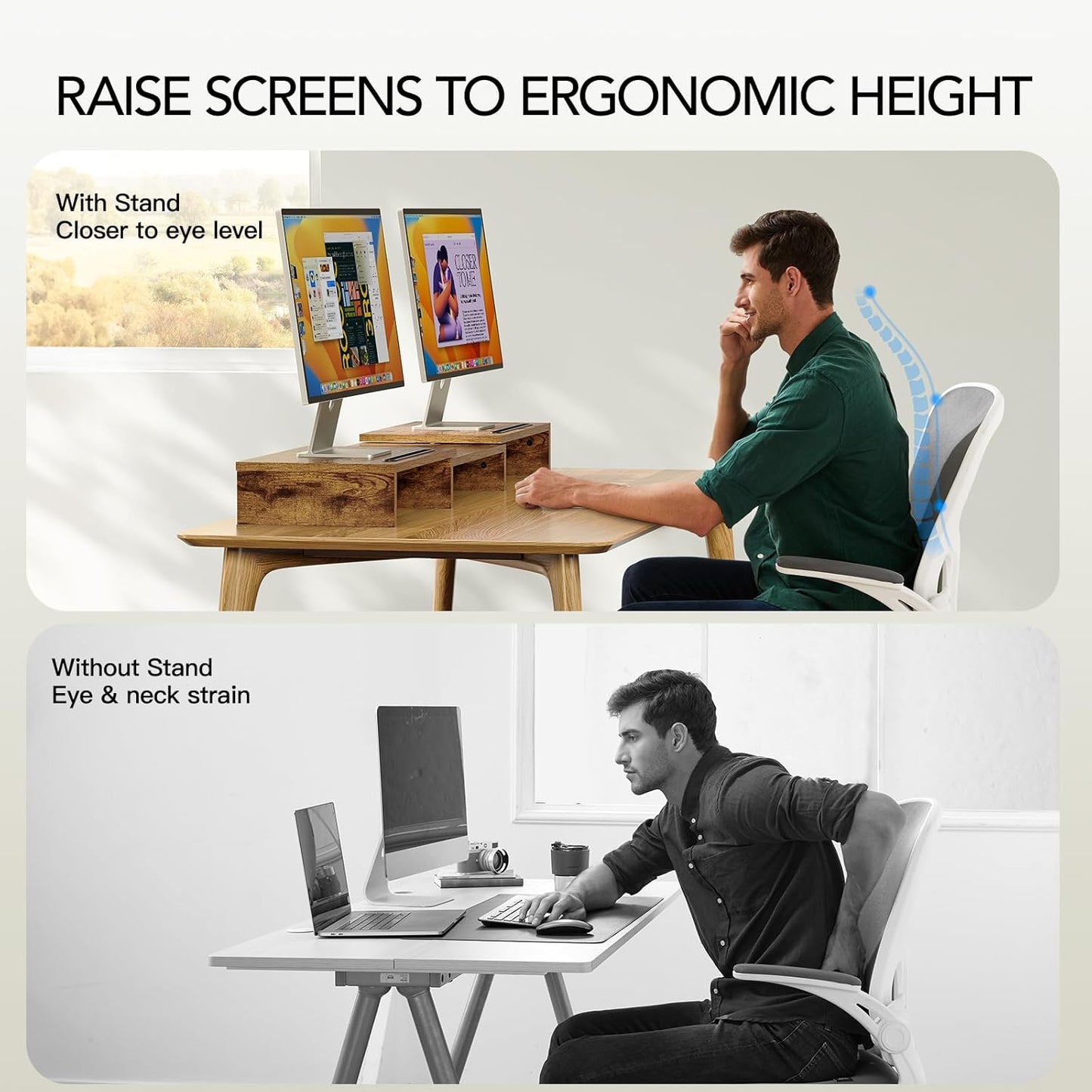 AMERIERGO Dual Monitor Stand Riser- 3 Shelf Screen Stand with Adjustable Length and Angle, 2 Extra Functional Slot Desktop Organizer Stand for PC, Computer, Laptop (Rustic Brown)