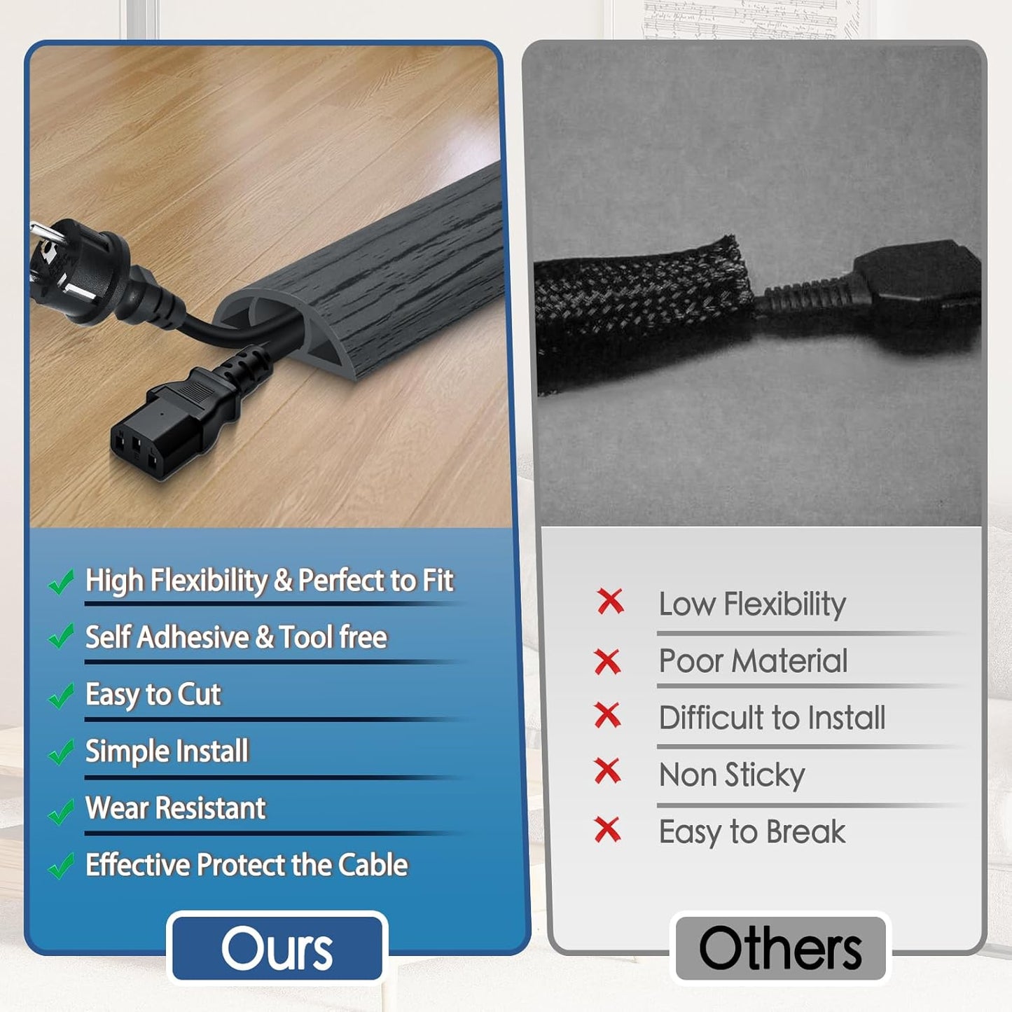 Floor Cord Cover for Wires on Floor Self Adhesive Cord Hider Floor Cable Management Wire Covers for Cords Protector Prevent Cable Trips Cord Cavity W 0.59" x H 0.31", Deep Gray Wood, 20Ft