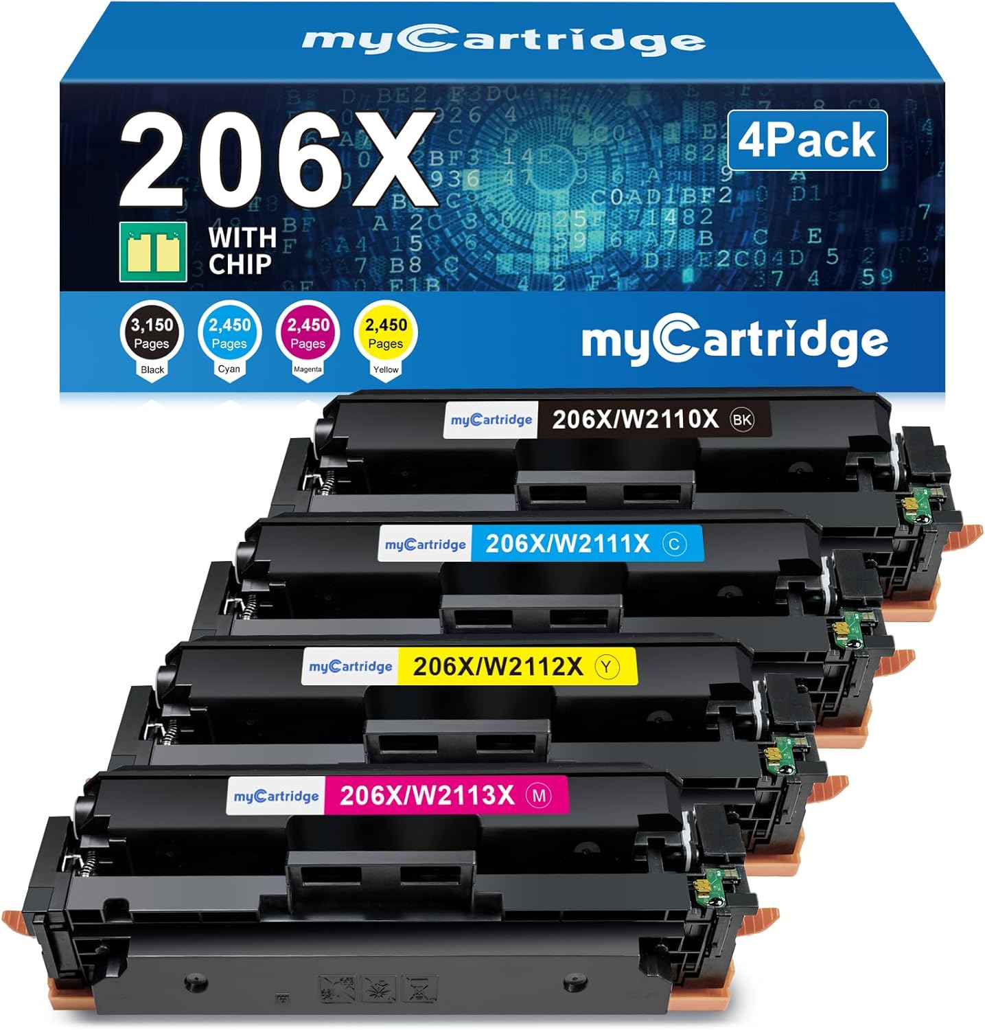 206X Toner Cartridges 4 Pack High Yield (with Chip) Compatible Replacement for HP 206X 206A for Color Laserjet Pro MFP M283fdw M283cdw M283fdn M282nw Pro M255dw M255nw M283 M255 Printer W2110X W2110A