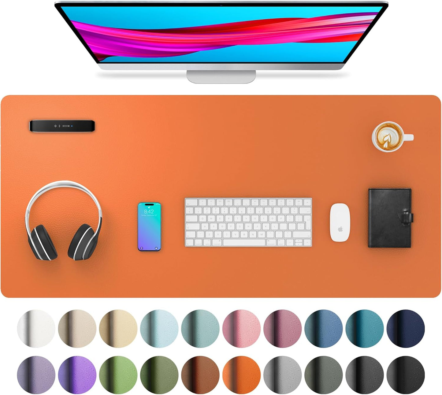 Aothia Leather Desk Pad Protector, Mouse Pad, Office Desk Mat, Non-Slip PU Leather Desk Blotter, Laptop Desk Pad, Waterproof Desk Writing Pad for Office and Home (36" x 17", Hermes Orange)