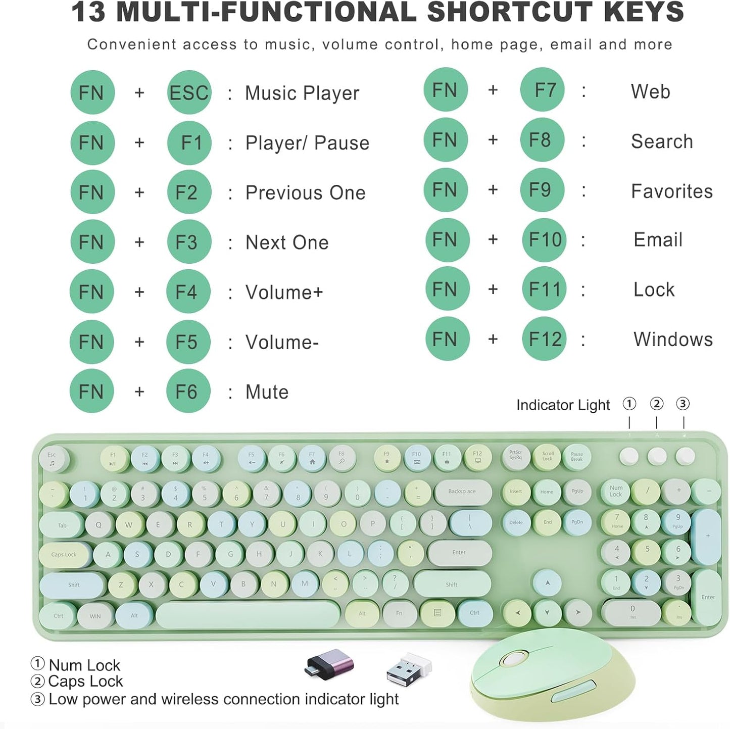 Wireless Keyboard and Mouse Combo, Ergonomic Full Size Typewriter Retro Round Keycaps Keyboard, Compatible with Windows, PC, Perfer for Home and Office Keyboards (Green
