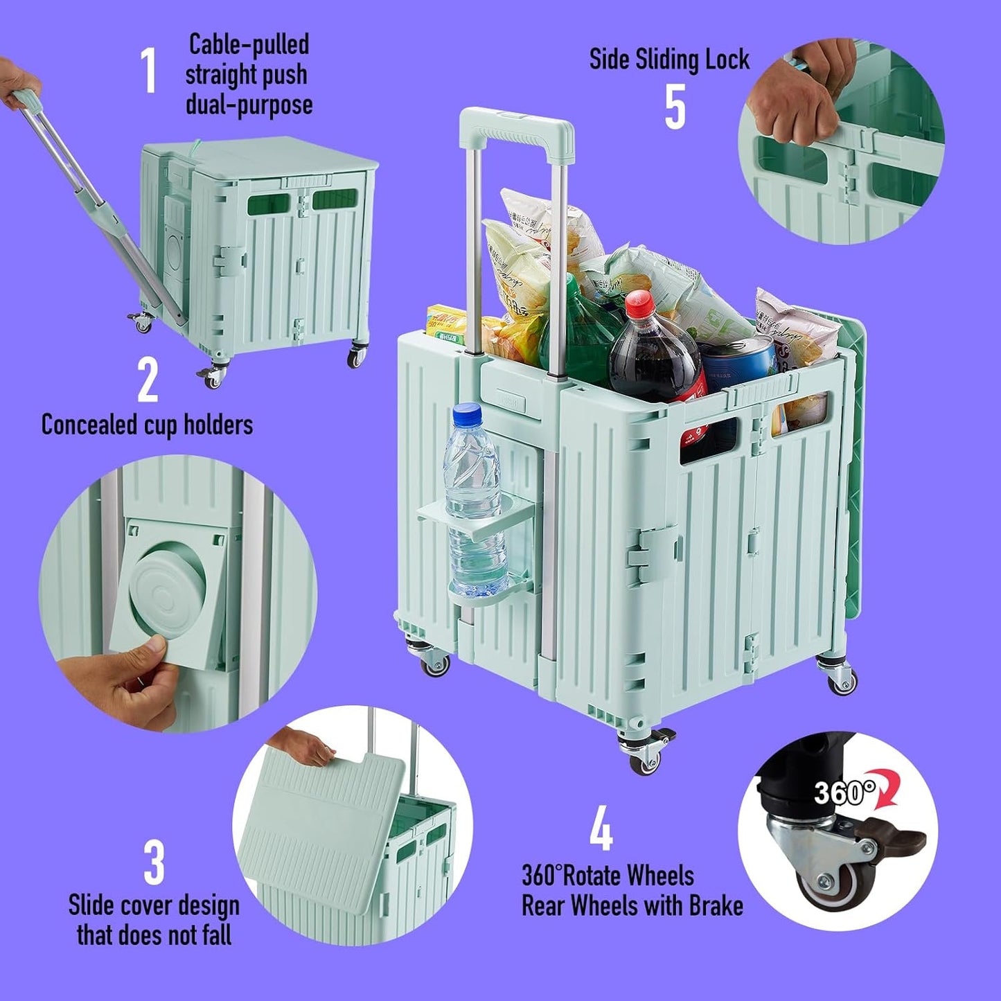 Folding Utility Cart Portable Rolling Crate Handcart Shopping Trolley Collapsible Tool Box, with Lid, on 4 Rotate Wheels, for Grocery, Shopping, Office, Camp, Teacher (Green)