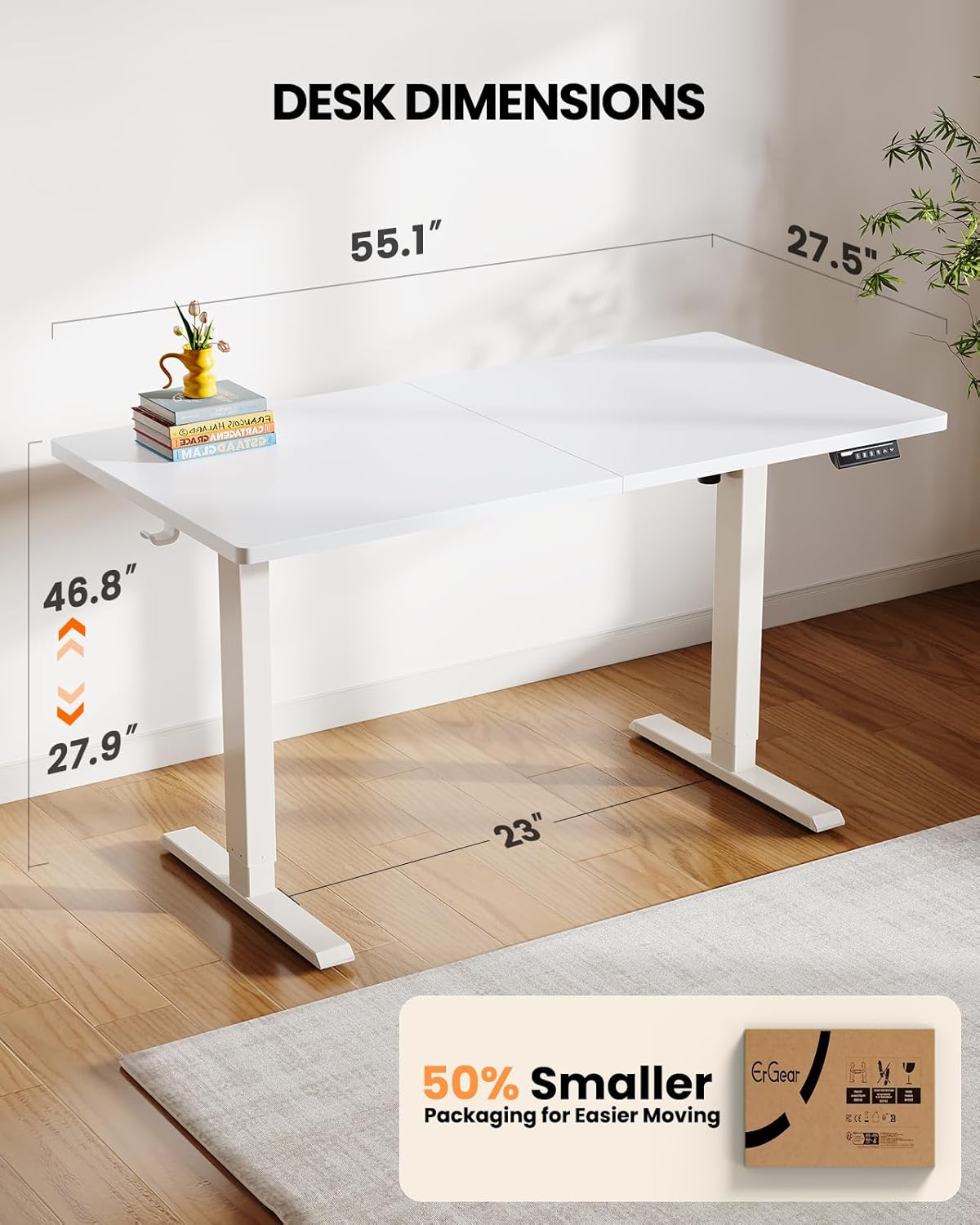 ErGear Electric Standing Desk, 55 x 28 inch Height Adjustable Sit Stand Up Desk, Computer Home Office Desk with 4 Memory Height Buttons, Two Pieces Desktop, White, EGESD112W