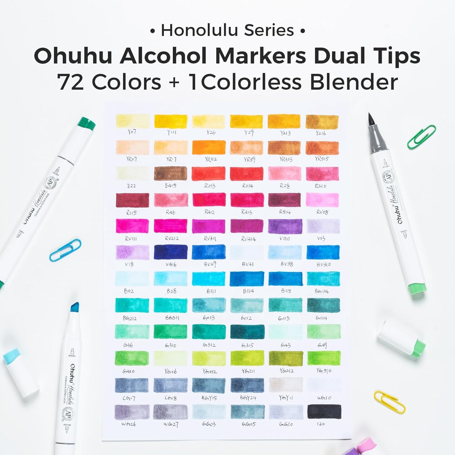 Ohuhu Alcohol Markers Brush Tip - Double Tipped Art Marker Set for Artist Illustration - 72 Colors - Chisel & Brush Dual Tips - Honolulu - Refillable