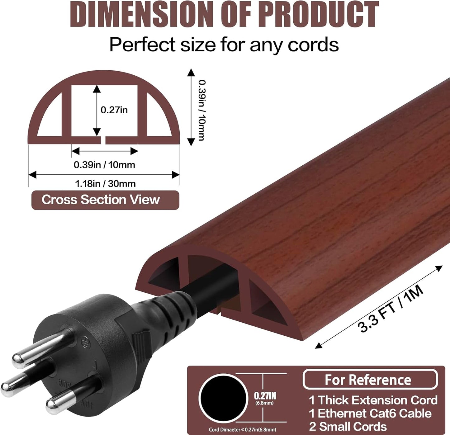 Floor Cord Cover Self Adhesive Cord Hider,3.3FT Cable Management, Extension Strip Protector for Wires, Prevent Cable Trips for Offices, Gyms, Exhibitions Cavity:0.39"(W) x0.27(H) Wood Red Teak