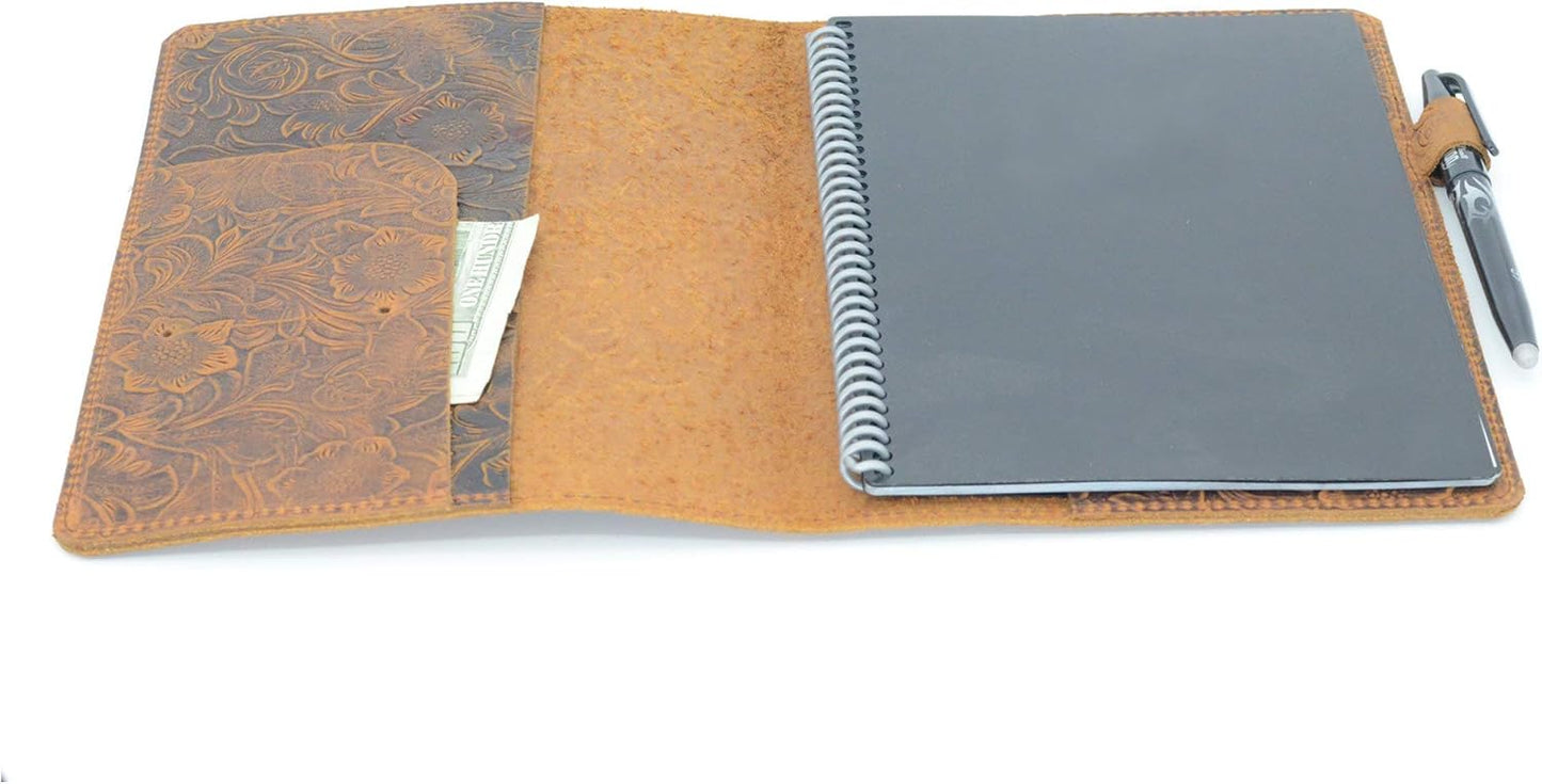 JJNUSA Compatible with Rocketbook Cover Smart Business Genuine Leather Notebook Cover for Everlast, Fusion, Wave, Moleskin A5 with Pen Loop & Business Card Holder Executive 6" x 8.8" Flower