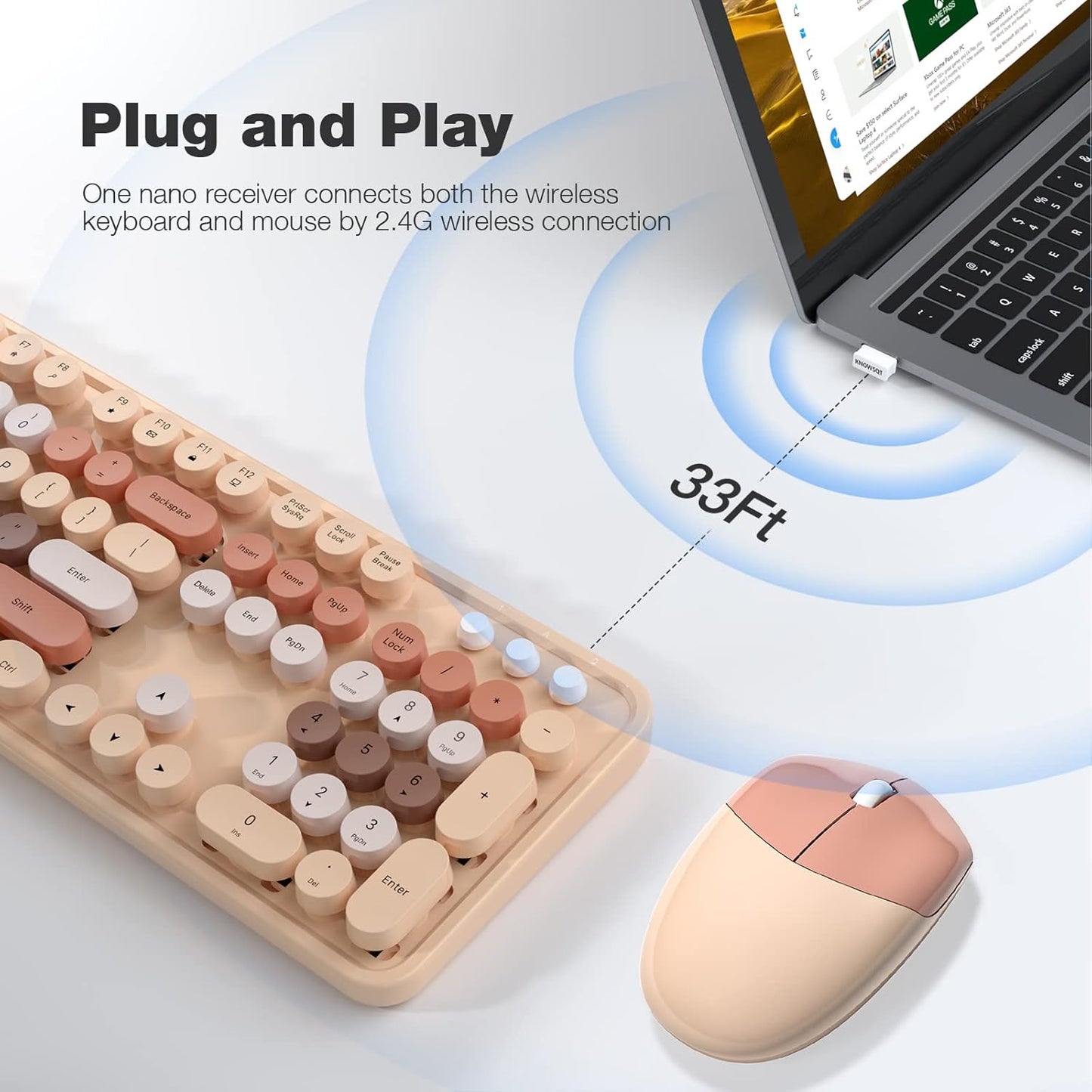 MOFII Wireless Computer Keyboard and Mouse Combo, Typewriter Full Size Keyboard with Number Pad and 2 in 1 USB Connected Mouse for PC Computer Laptop Desktop Windows (Milk Tea)