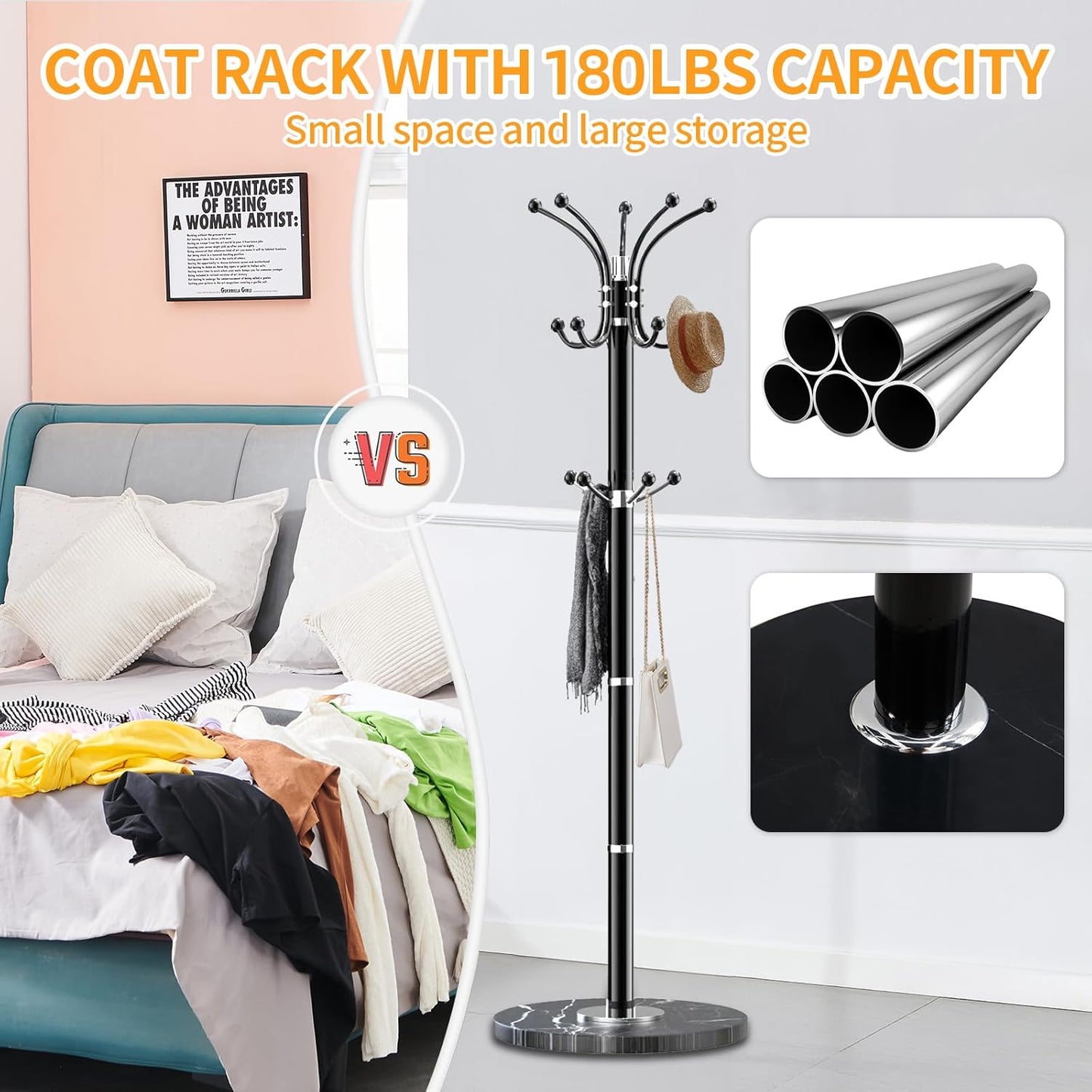 Metal Coat Rack Stand with Natural Marble Base, Modern Coat Rack Freestanding, 360°Rotary Coat Racks with 14 Hooks, Heavy Duty Coat Hall Tree Hanger Stand for Entryway, Office