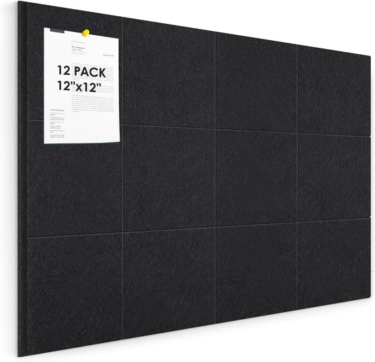 Cork Board for Wall,48"x36" 12 Pack Felt Wall Tiles with Safe Removable Adhesive Tabs, Bulletin Boards for Home Office Kitchen, Pin Board Notice Board for Photos, Memos, Black