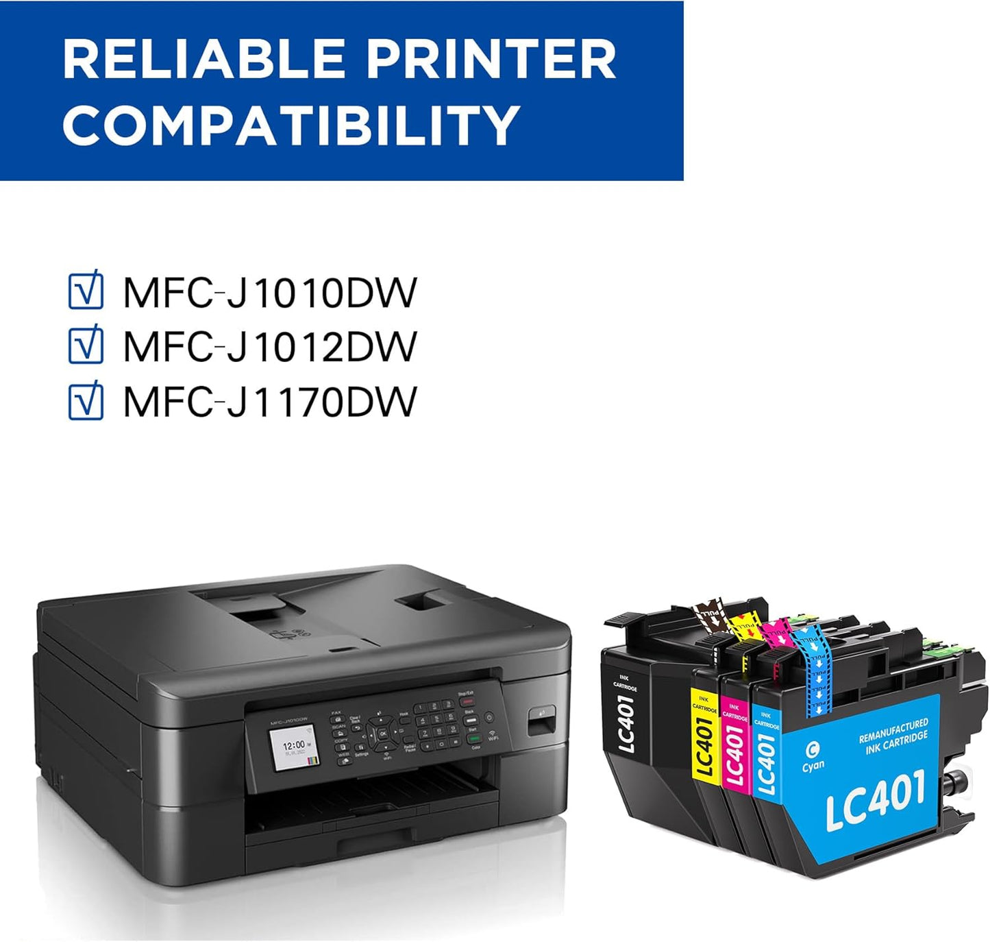 LC401 Ink Cartridges Compatible for Brother LC401 Ink Cartridges Color Standard Yield Work with Brother MFC-J1010DW MFC-J1012DW MFC-J1170DW Printer (1 Black,1 Cyan,1 Magenta,1 Yellow,4 Pack)