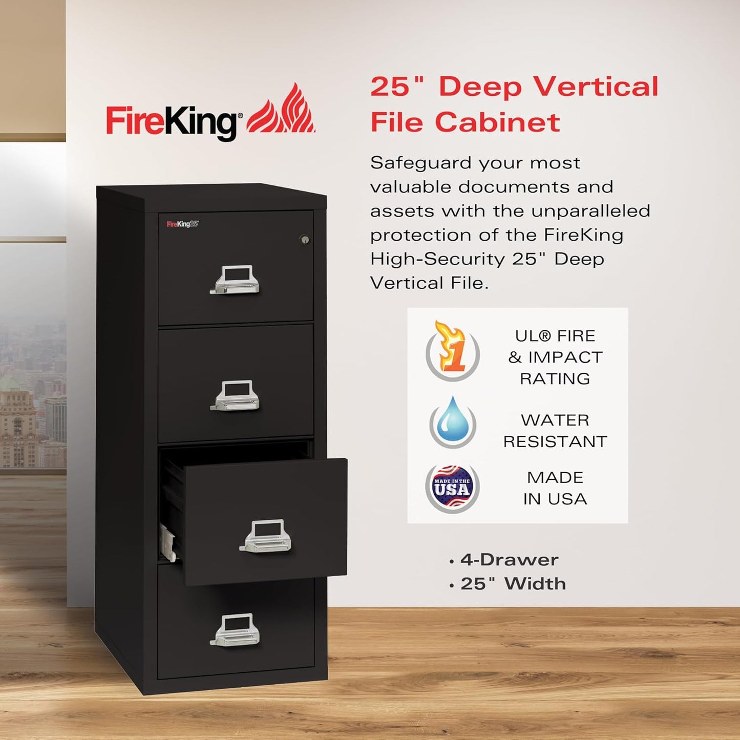 FireKing Fireproof Vertical File Cabinet (4 Letter Sized Drawers, Impact Resistant, Waterproof), 52.25" H Black, 18 W x 25 D, (41825CBL)