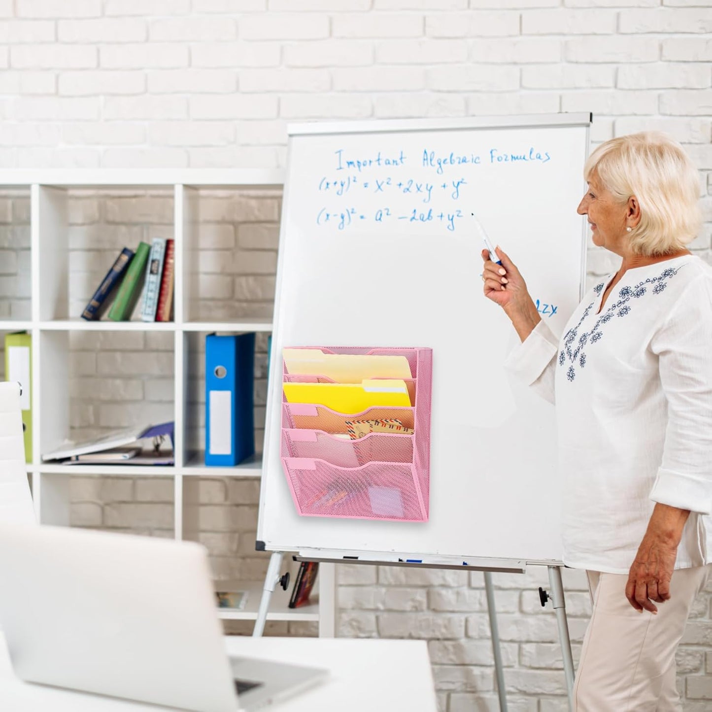 EASEPRES Magnetic 5 Pocket Mesh Hanging File Organizer, Wall Mounted Mail Paper Document Folder Holder, Clipboard Storage Organization Magazine Rack with Nametag Label for Office Home School, Pink