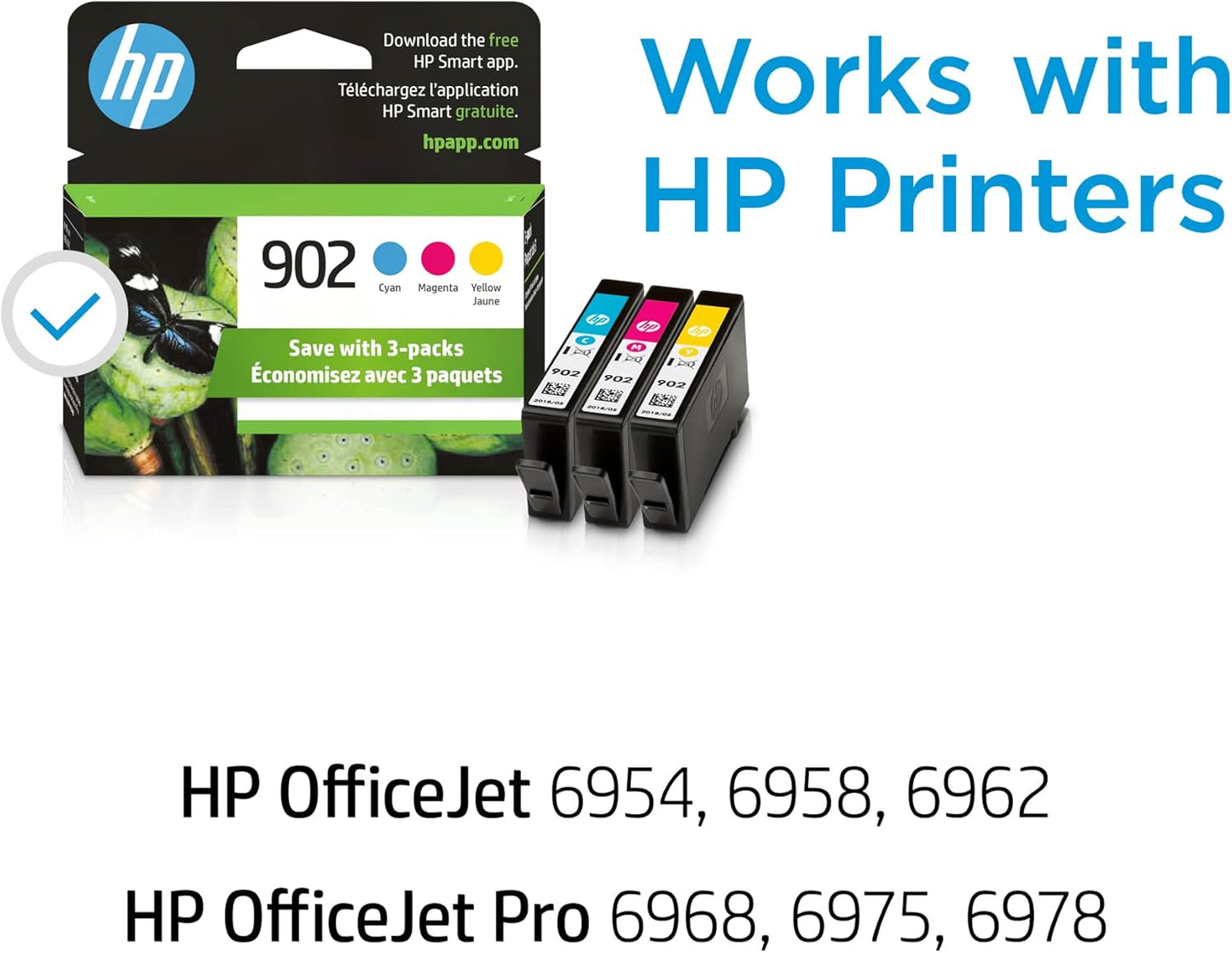 HP 902 Cyan, Magenta, Yellow Ink Cartridges for HP Printers | Works with Printer Series: OfficeJet 6950, 6960; OfficeJet Pro 6960, 6970 | Eligible for Instant Ink | T0A38AN