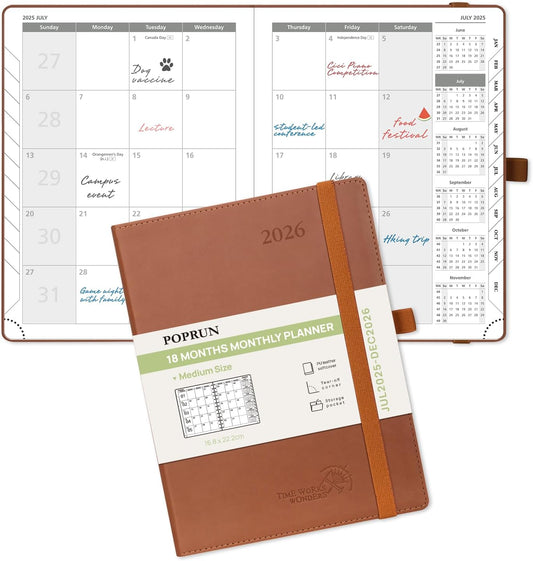 POPRUN Monthly Planner 2025-2026 (Medium- 6.5'' x 8.5'' Soft Cover), 18-Month Calendar Book (Jul.2025-Dec.2026), Calendar Planner with Monthly Tabs & Pocket, 100 GSM Paper - Brown