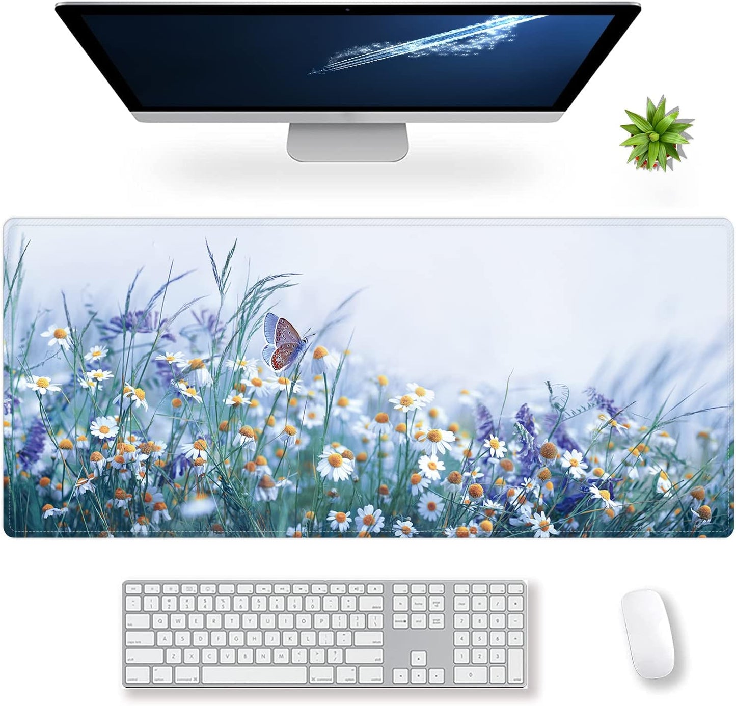 Extended Large Gaming Mouse Pad Wildflowers Chamomile and Butterflies XXL Size Keyboard Mouse Mat Desk Pad with Non Slip Rubber Base Stitched Edges Office Decor for Women Girls Men,35.4 x 15.7inch