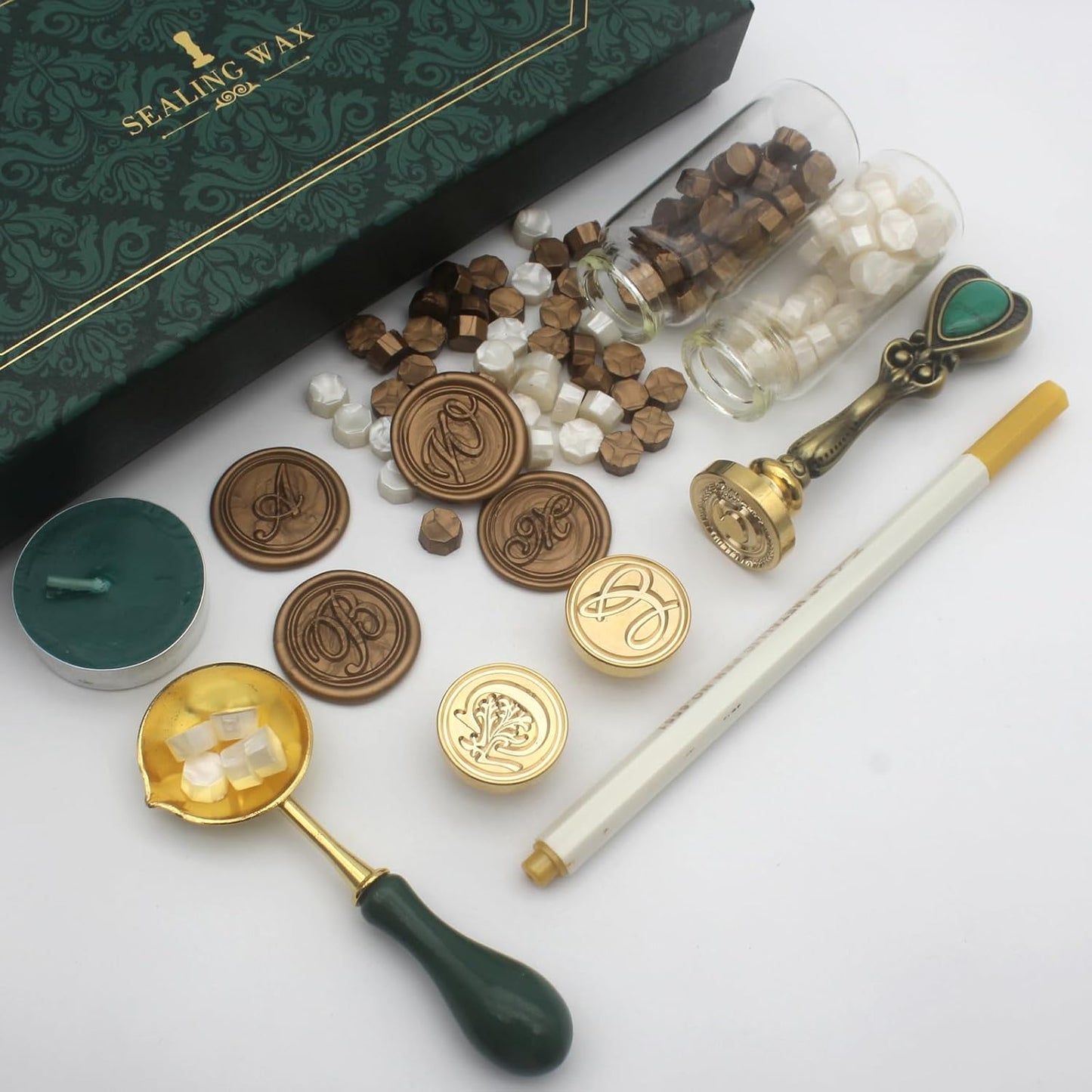Letter Wax Seal Kit with Initial Alphabet C Wax Seal Stamp Head 3pcs, Pearl White and Vintage Gold Stamp Sealing Beads, Spoon, Metallic Gold & Silver Pen, Vintage Gift Box Set