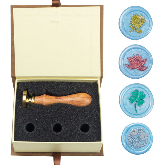Flower Wax Seal Stamp Set with 4 PCS Removable Brass Heads and 1 Wooden Handle - Sunflower, Lotus Sealing Wax Stamp for Cards Invitations