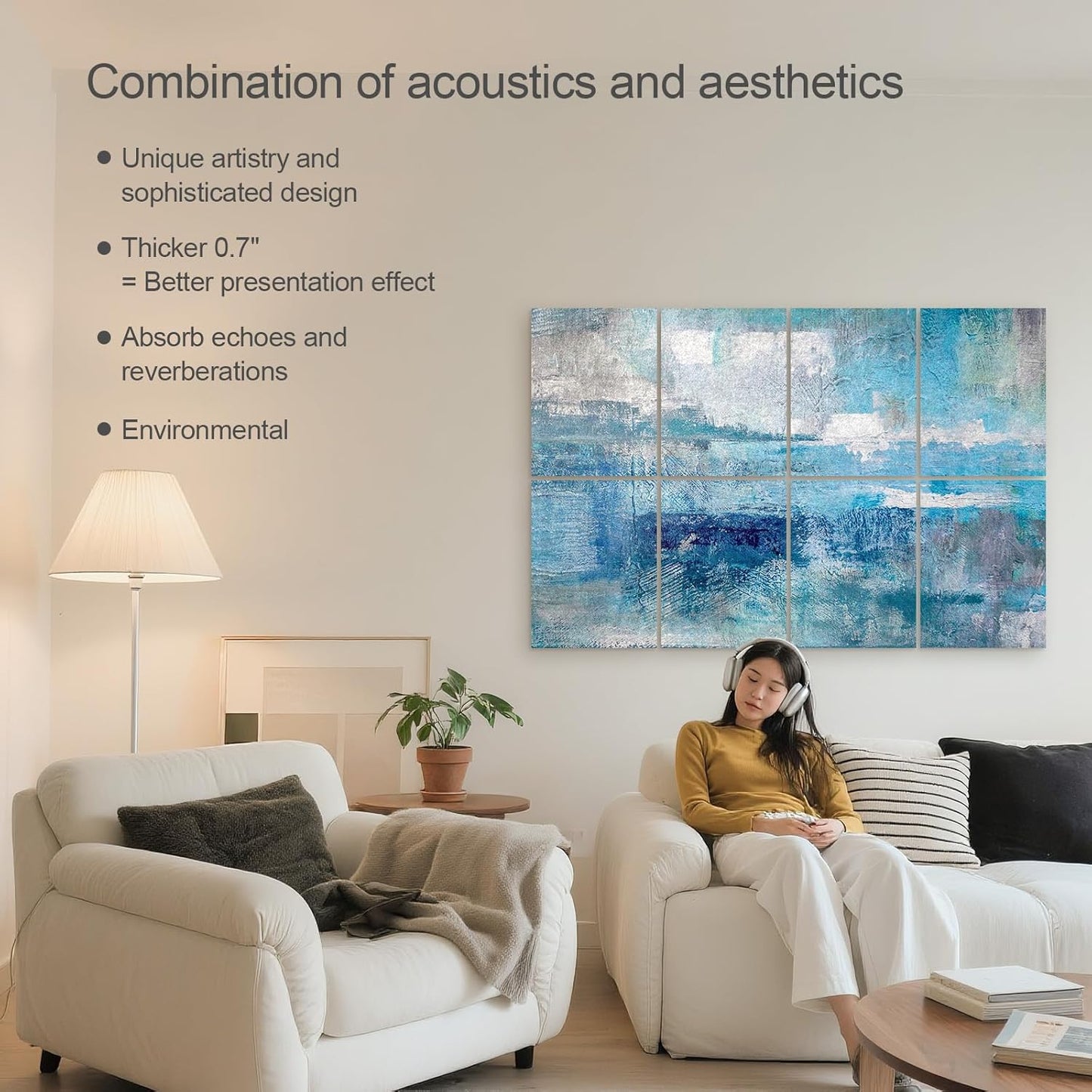 UMIACOUSTICS 8 Pcs 0.7Inch Thick Art Acoustic Panels, Total 47.2” x 31.5” Decorative Sound Absorbing Art Panels, Acoustical Wall Panels for Home, Office, Hotel, Snow-Blue Dyeing-Fog