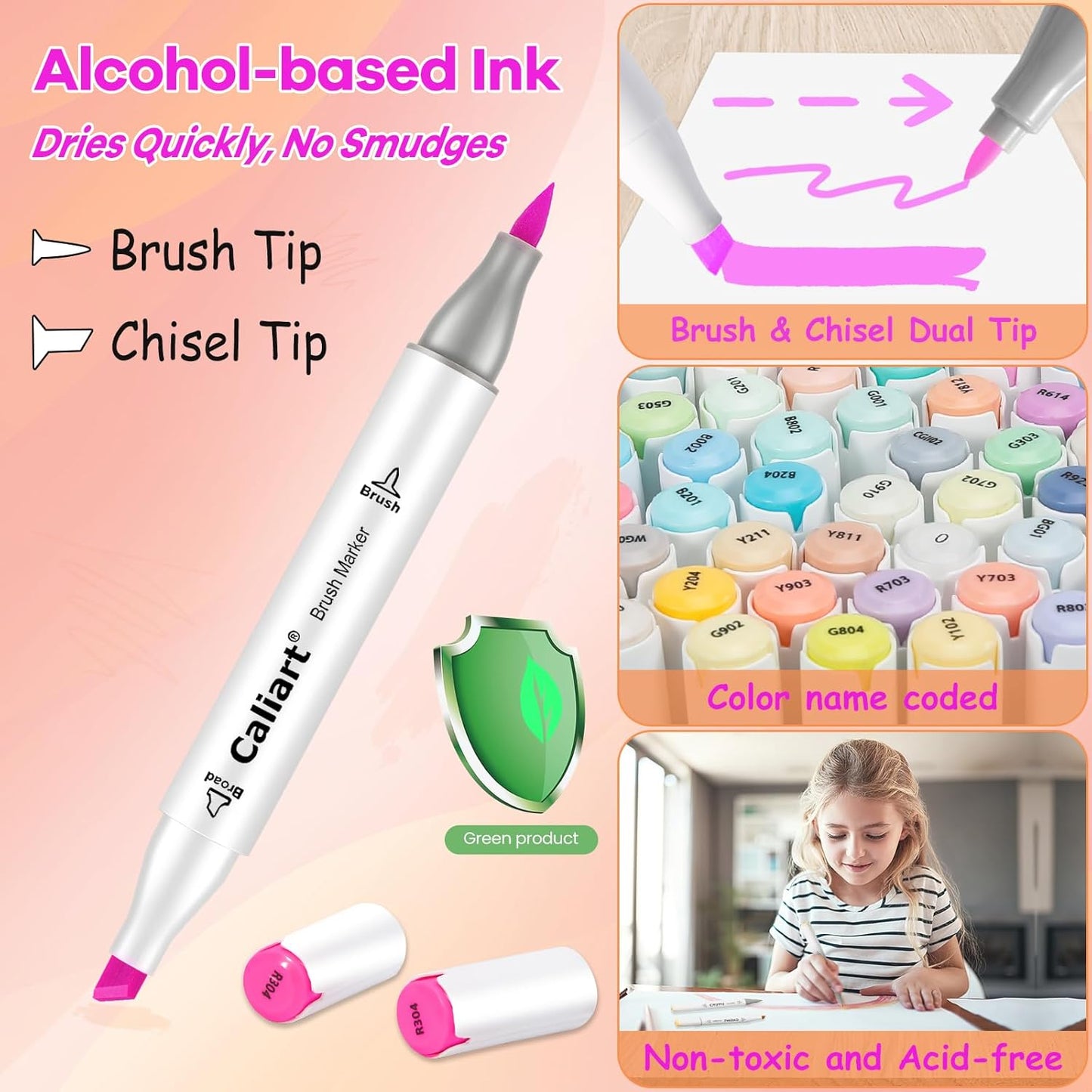 Caliart 61 Colors Pastel Alcohol Markers, Brush & Chisel Dual Tip Pens for Adult Coloring Book, Sketch Permanent Art Set for Easter Eggs Decorations Stuffers Drawing Supplies Gift