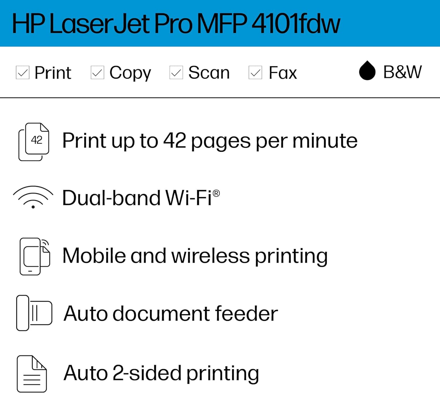HP LaserJet Pro MFP 4101fdw Wireless Black & White All-in-One Laser Printer, Scanner, Copier, Fax, Best-for-Office (2Z619F)
