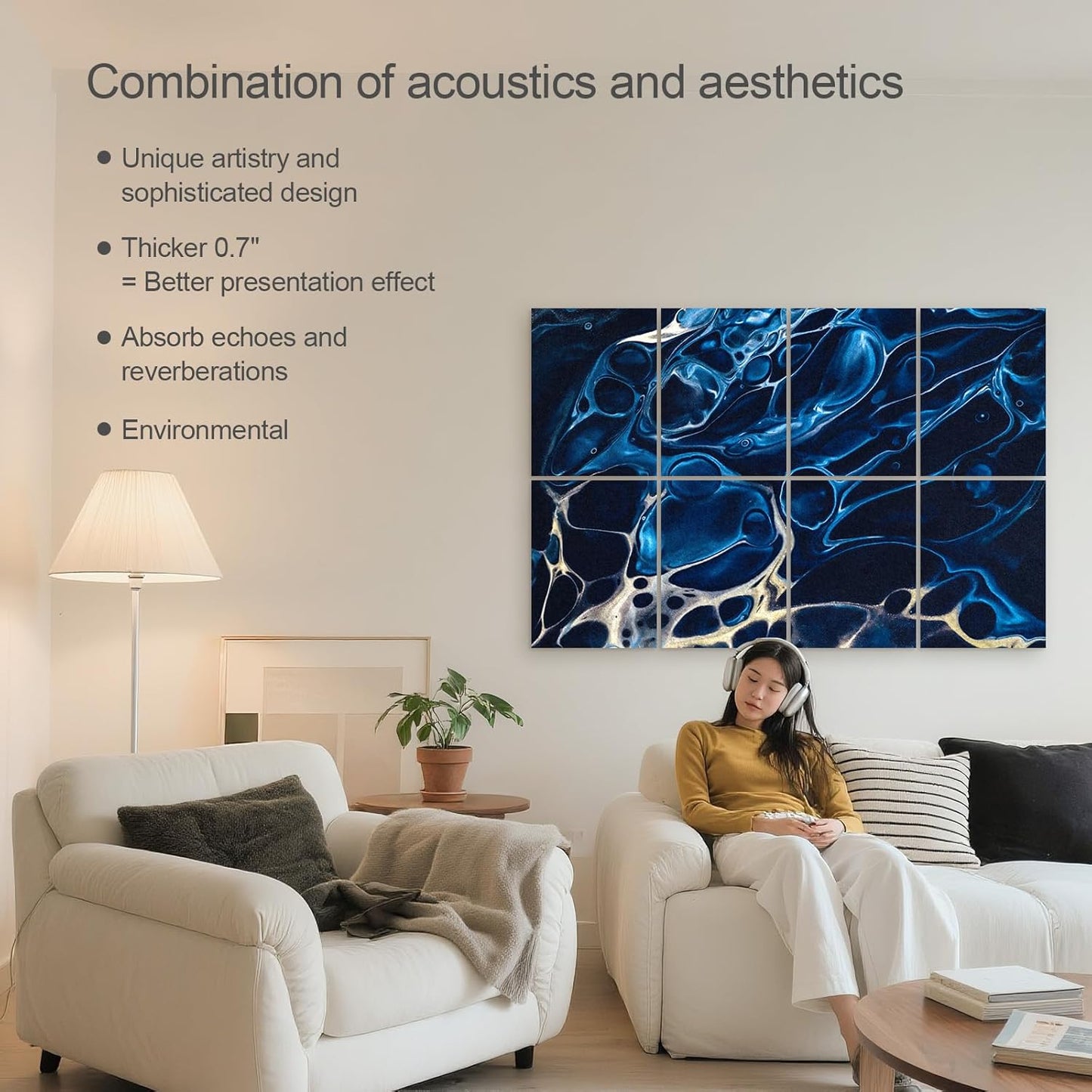 UMIACOUSTICS 8 Pcs 0.7Inch Thick Art Acoustic Panels, Total 47.2” x 31.5” Decorative Sound Absorbing Art Panels, Acoustical Wall Panels for Home, Office, Hotel, Blue-Reflect-Water