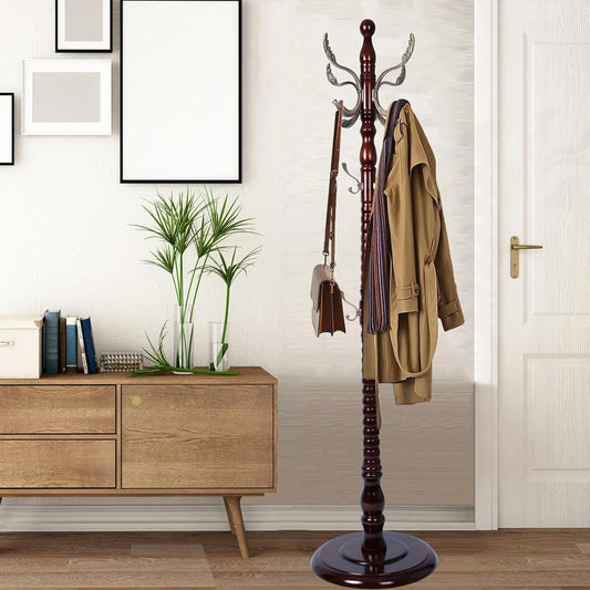 Coat Racks Free Standing with 14 Hooks, Natural Wood Coat Stands for Entryway, Adjustable Height 73 in Tree Coat Rack Stand for Hallway Home Office Bedroom (Mahogany metal)