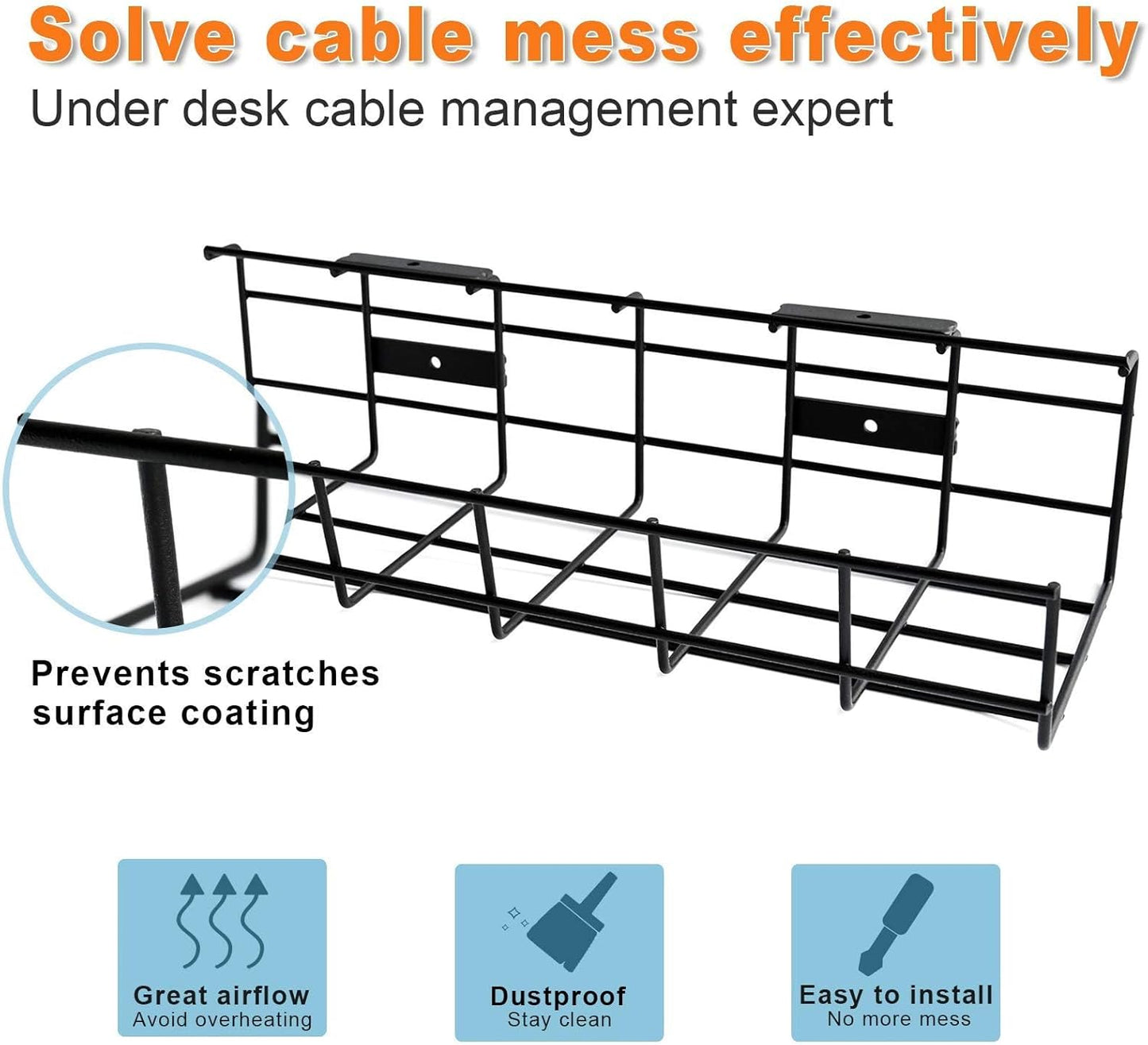 Under Desk Cable Management- 4 Pack Cord Organizer. Metal Wire Cable Management Tray for Office, Studio and Home. Super Sturdy Under Table Cable Managements - Black Cable Organizer