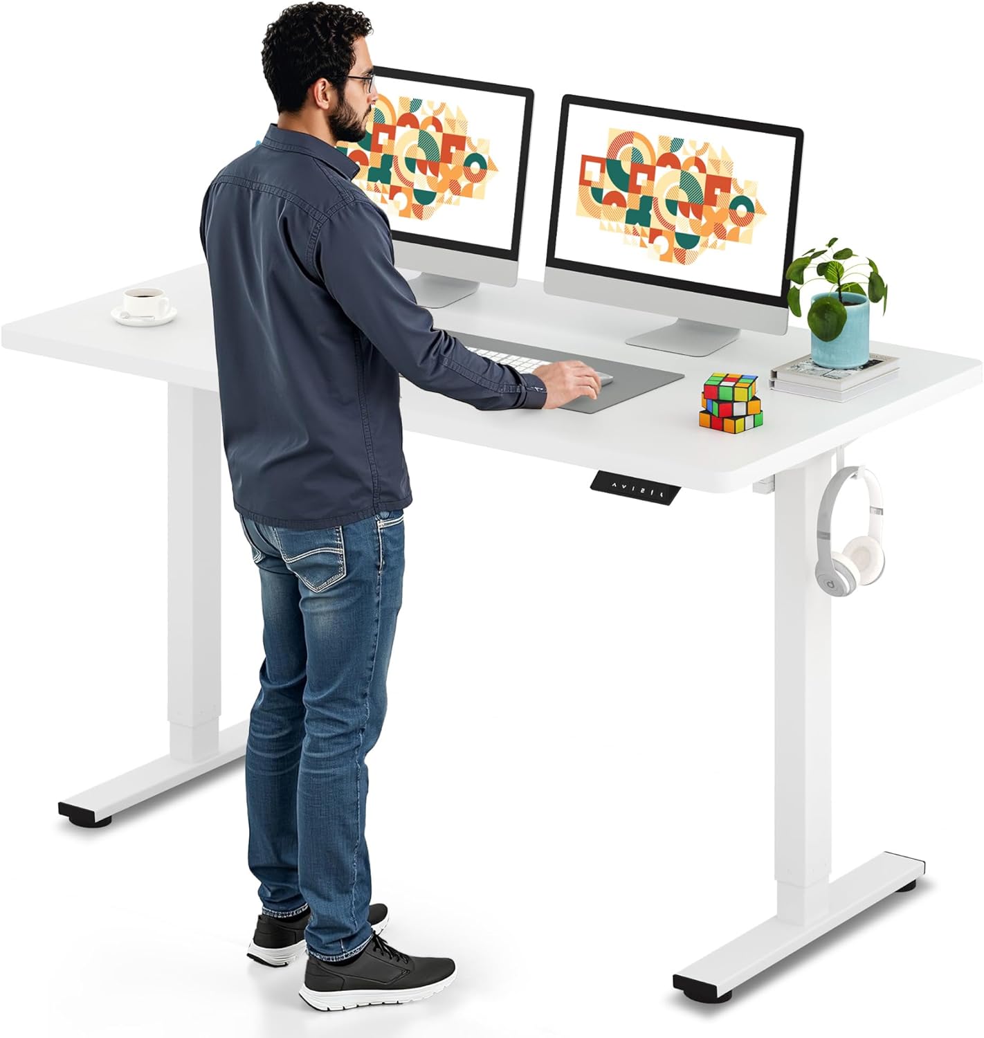 SANODESK Electric Standing Desk 55 x 28 Inches Whole-Piece Desktop Height Adjustable Stand Up Desk w/6-Button Controller Ergonomic Computer Desk for Home Office, White Frame + White Tabletop