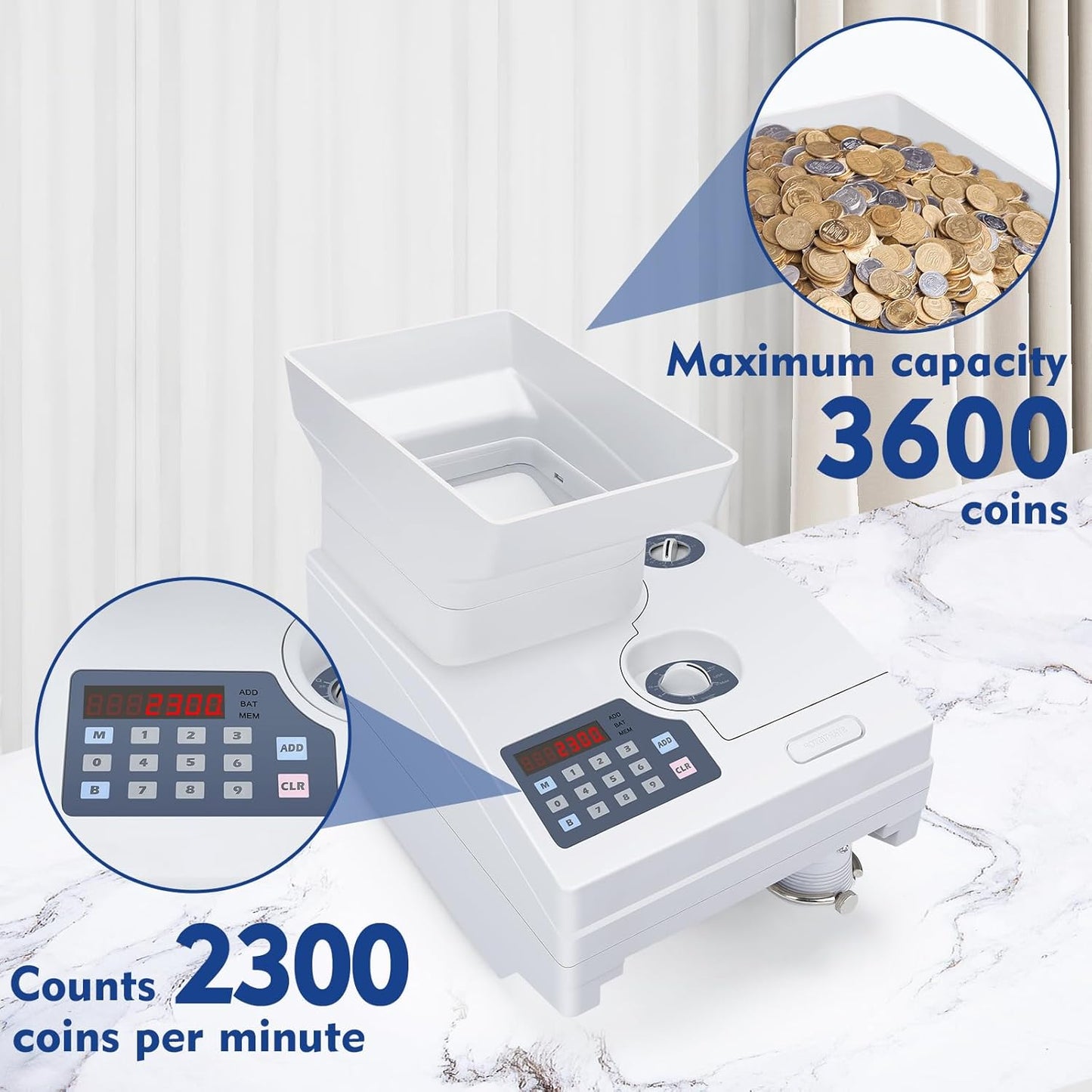 Ribao HCS-3300 High Speed Coin Counter, Heavy Duty Bank Grade Coin Sorter with Large Hopper, Two-Year Warranty