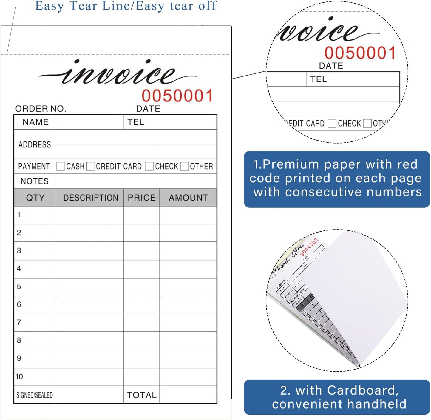 Invoice Receipt Book, 3.4x5.5" Handheld 2-Part Carbonless Sales Invoice Book, Invoice Pad with Cardboard for Small Boutique Business, (50 Sets * 2 Pack)