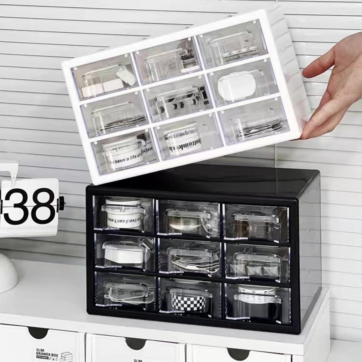 Feadily 1PCS Large Drawer Organizer for Desk, Desktop Drawer Organizer with 9 Clear Drawers, Plastic Desktop Storage Drawers 10.04 Inch x 6.30 Inch x 6.10 Inch, White