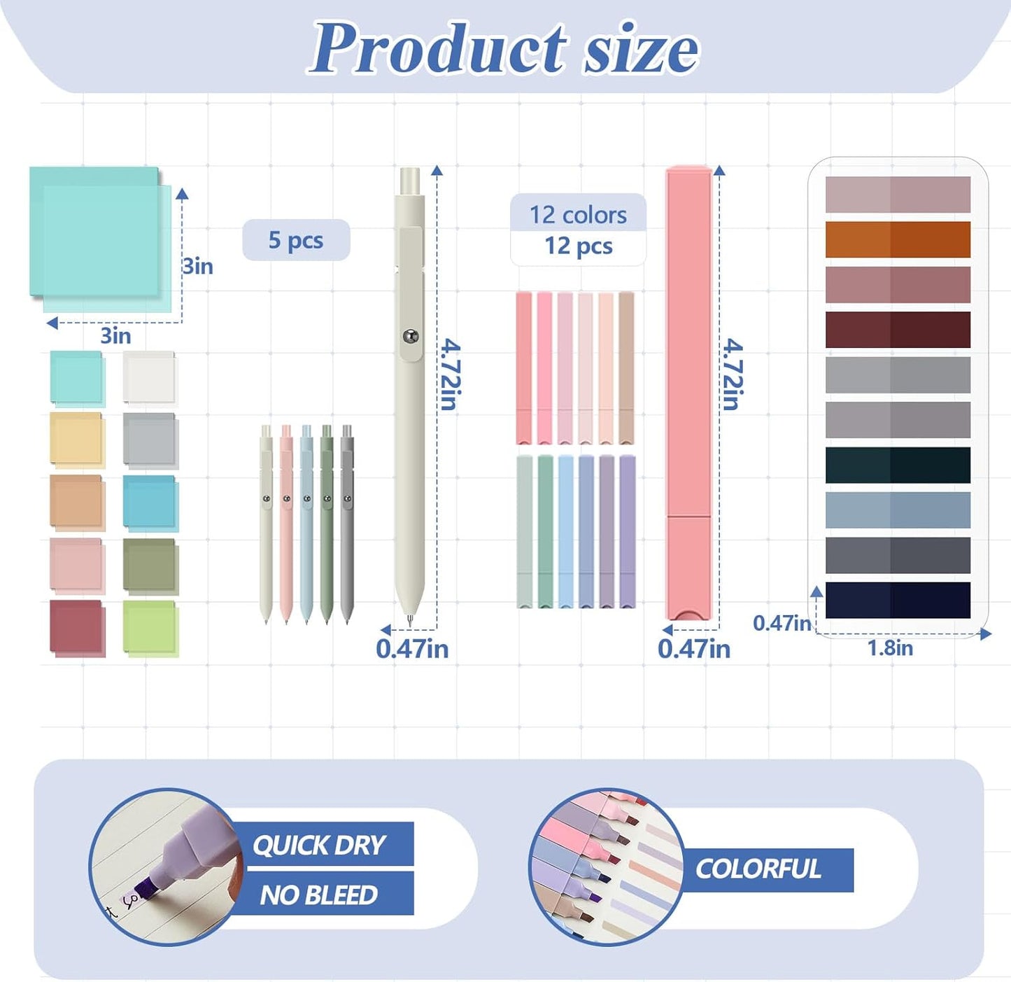 Jutom 39 Pcs Aesthetic Book Annotation Kit Highlighter with Pencil Case Bag Gel Pen Transparent Sticky Note Taking Bible Study College School Supplies(Black,Cute Style)