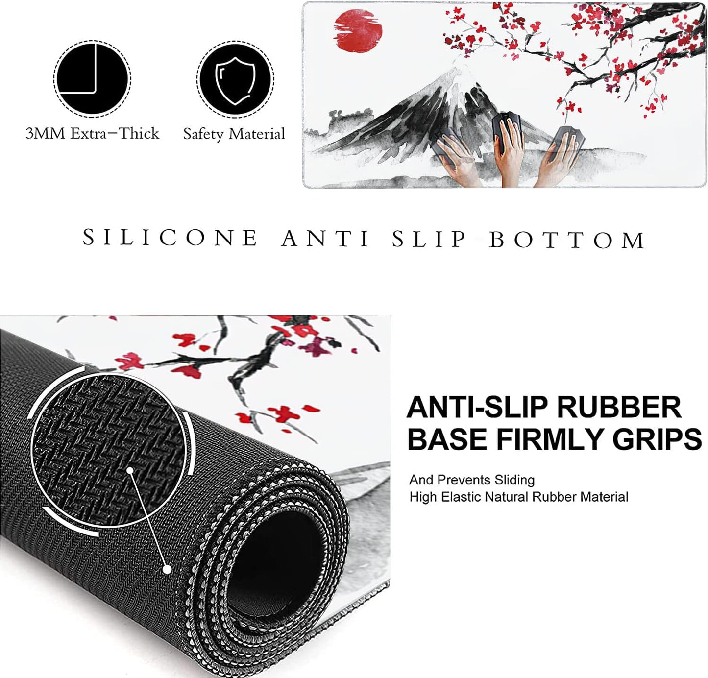 Japan Traditional Sumi-e Painting Extended Gaming Mouse Pad Large Desk Mat with Non-Slip Rubber Base and Stitched Edges,Keyboard Mouse Mat Desk Pad for Work,Game,Office,Home 35.4 * 15.7 Inch