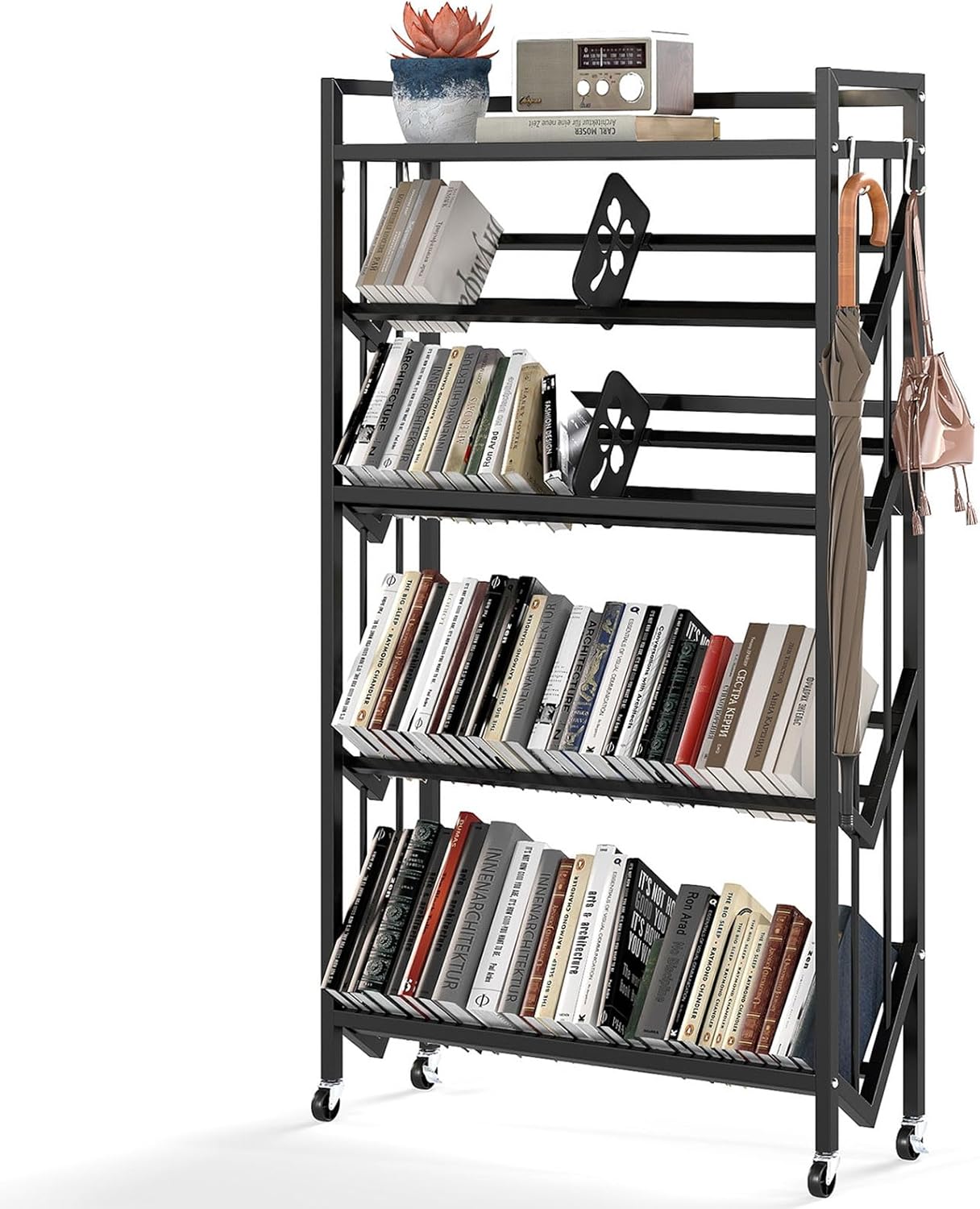 Book Carts with Wheels Library Rolling Book Cart 5 Tier Movable Bookshelf Mobile Large Capacity Organizer Rack for Teacher Classroom Office Room School (57.5'' H)