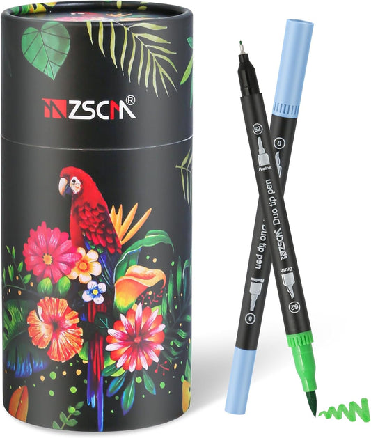 ZSCM 48 Colors Markers for Adult Coloring Books No Bleeding - Duo Tip Art Pens, Fine & Brush Coloring Marker for Adult Calligraphy, Illustration, Cards Drawing, Note taking Lettering, Journaling