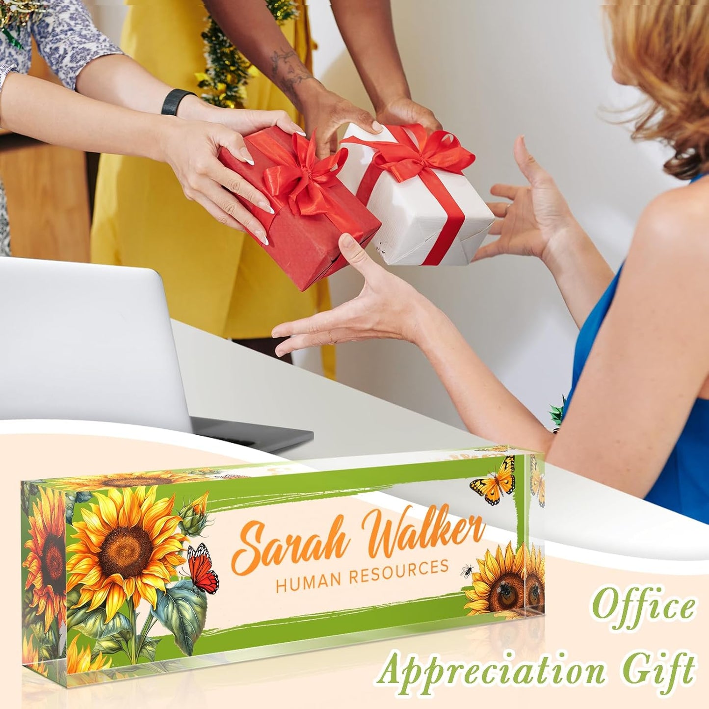 Name Plate for Desk, Desk Name Plate Personalized, Office Decor for Women Men, Acrylic Desktop Accessories, Office Appreciation Gifts for Boss Social Workers Nurse Teacher Employee (Sunflowers)