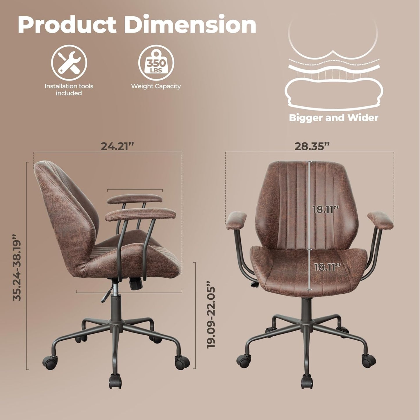 ovios Ergonomic Home Office Chair, Mid-Century Modern Faux Leather Chairs with Padded Armrests, Comfy Mid Back Swivel Rolling Executive Computer Armchair (Dark Brown, Suede Leather)
