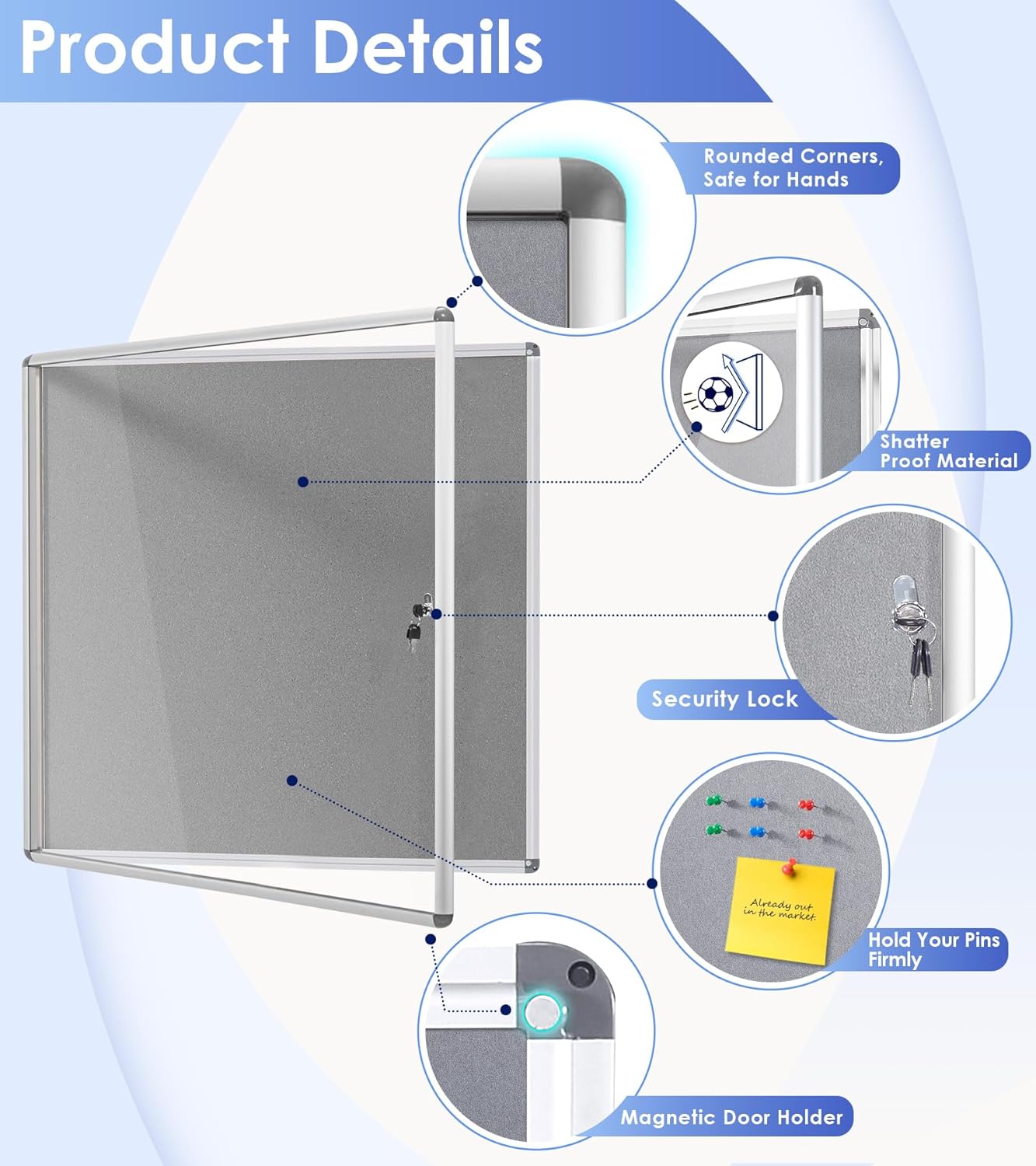 SWANCROWN Lockable Felt Bulletin Indoor Display Case Big Message Center Board with Aluminium Frame,38x38 inches (12xA4)