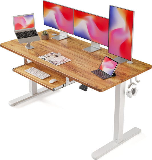 FEZIBO Standing Desk with Keyboard Tray, 60 x 24 Inch Adjustable Height Sit Stand Desk with Memory Presets for Home Office, Ergonomic Computer Workstation, Light Rustic
