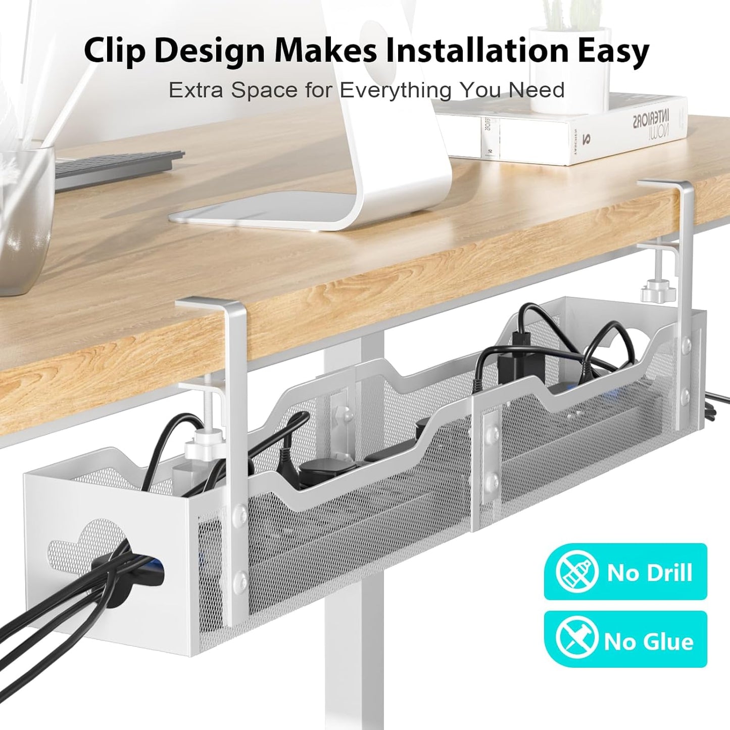 Under Desk Cable Management Tray 24.8", Quszmd Cable Organizer No Drill, Standing Cord Organizer and Wire Management Tray - No Damage to Desk, White