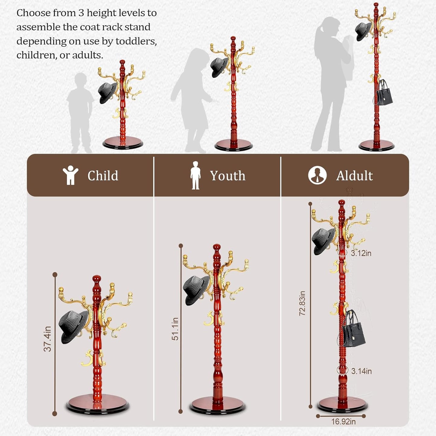 Vintage Wooden Coat Rack Free Standing,14 Hooks, 3-Level Adjustable Height, 73-Inch Retro Coat Rack Stand, Suitable for Entryway, Living Room, Office and Bedroom (Begonia color, 2PCS)