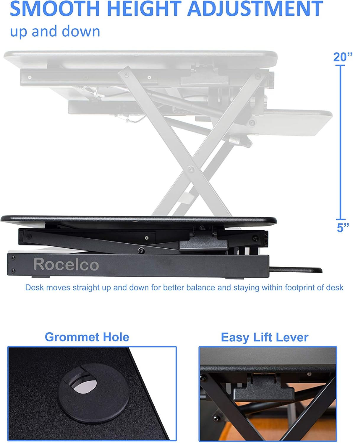 Rocelco 40" Large Height Adjustable Standing Desk Converter - Quick Sit Stand Up Dual Monitor Riser - Gas Spring Assist Computer Workstation - Retractable Keyboard Tray - Black (R DADRB-40)