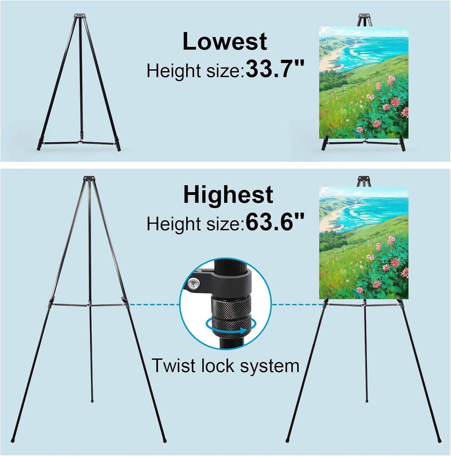 PUJIANG 63" Aluminum Easel Stand for Sign, Large Collapsible Easels for Display Posters/Whiteboard, Adjustable Height Artist Easel for Painting- Floor/Tabletop, Holds 25 lbs,1pcs