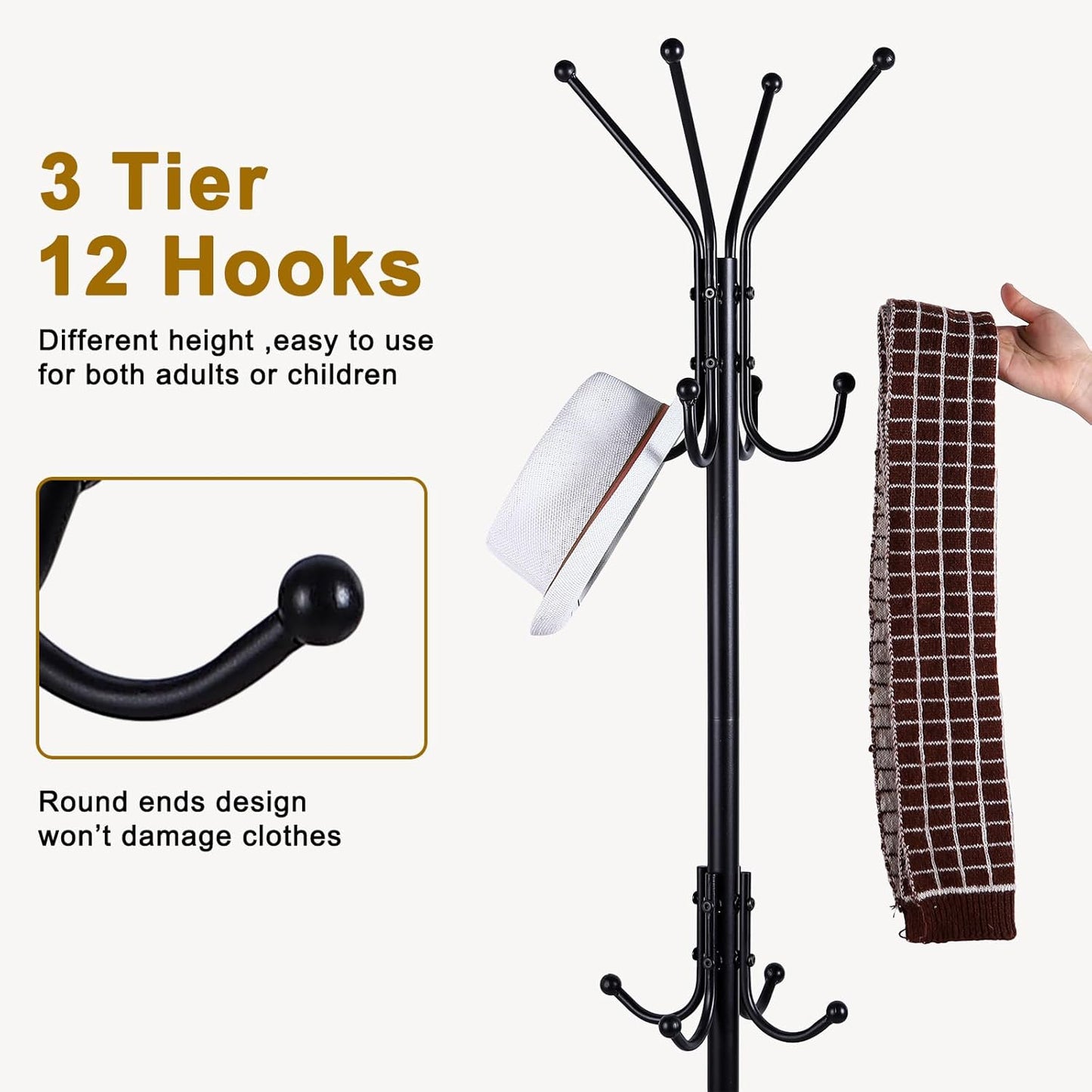 Metal Freestanding Coat Rack Stand with Umbrella Holder, 12 Hooks Coat Tree Black Modern Coat Hanger Stand for Coats, Hats, Scarves and Handbags for Entryway, Hallway, Bedroom, Office