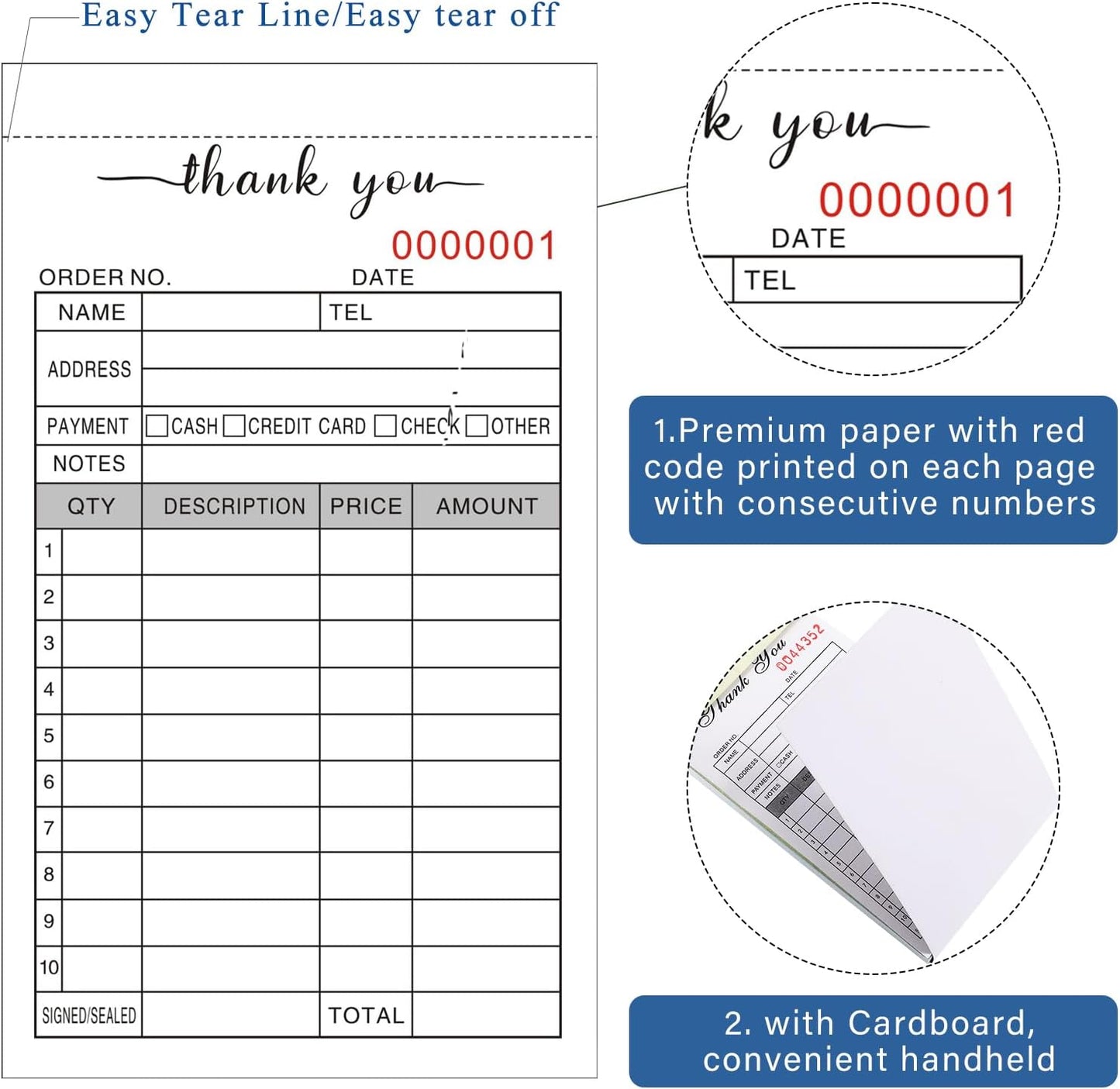 Thank You Receipt Book, 3.4x5.5" Handheld 2-Part Carbonless Sales Invoice Book, Invoice Pad with Cardboard for Small Boutique Business, (50 Sets * 2 Pack)