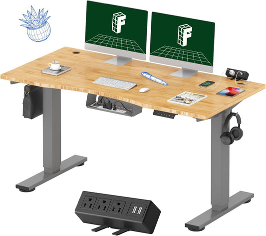 FLEXISPOT EN2 Whole-Piece Bamboo Standing Desk with Clamp Power Strip, 55 x 28 Electric Stand Up Height Adjustable Desk with Cable Management (Grey Frame + 55" Bamboo Top, 2 Packages)